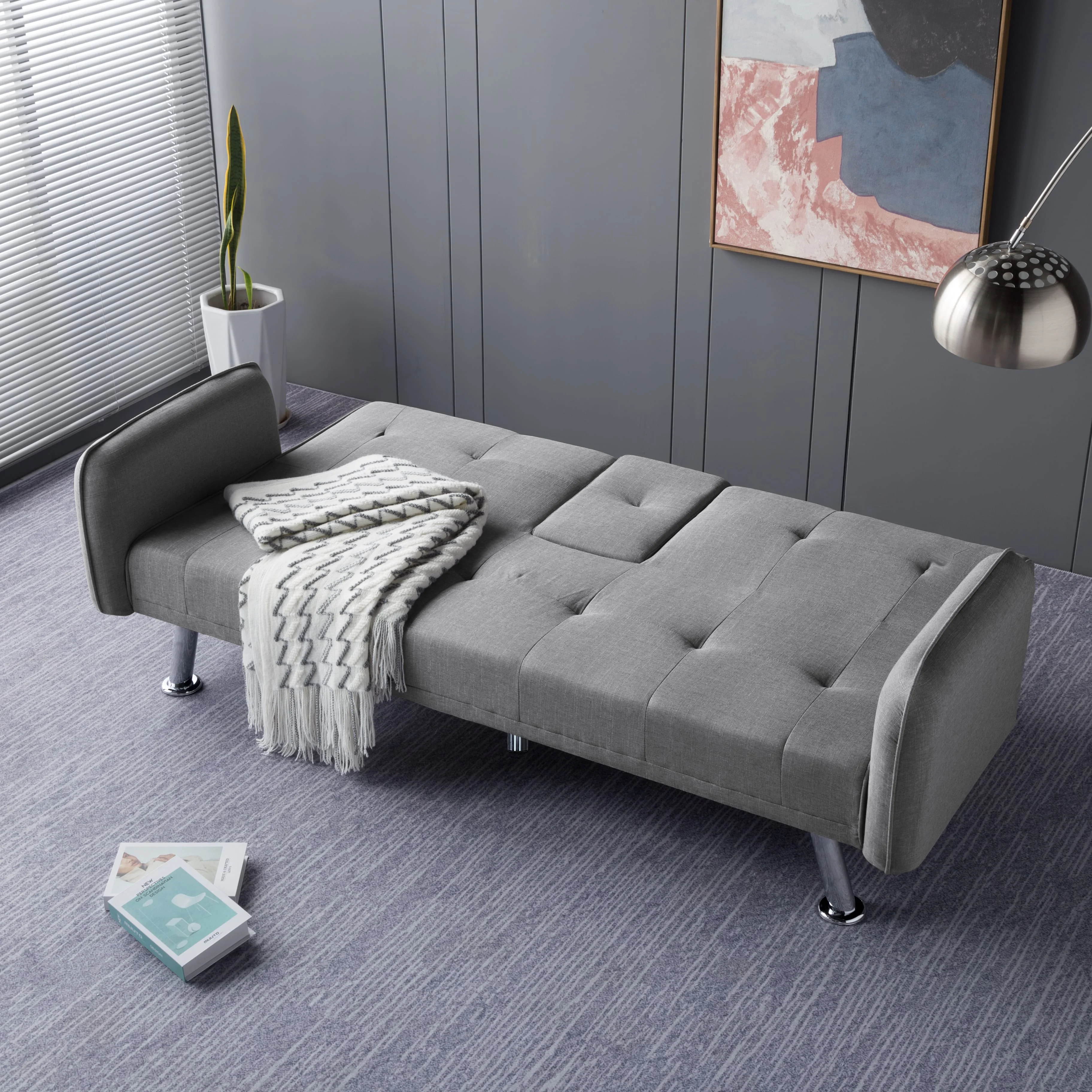BSHTI Modern Adult Sleeper Sofa Bed，Convertible Modern Futon Couch with Wooden Frame for Livingroom,Light grey