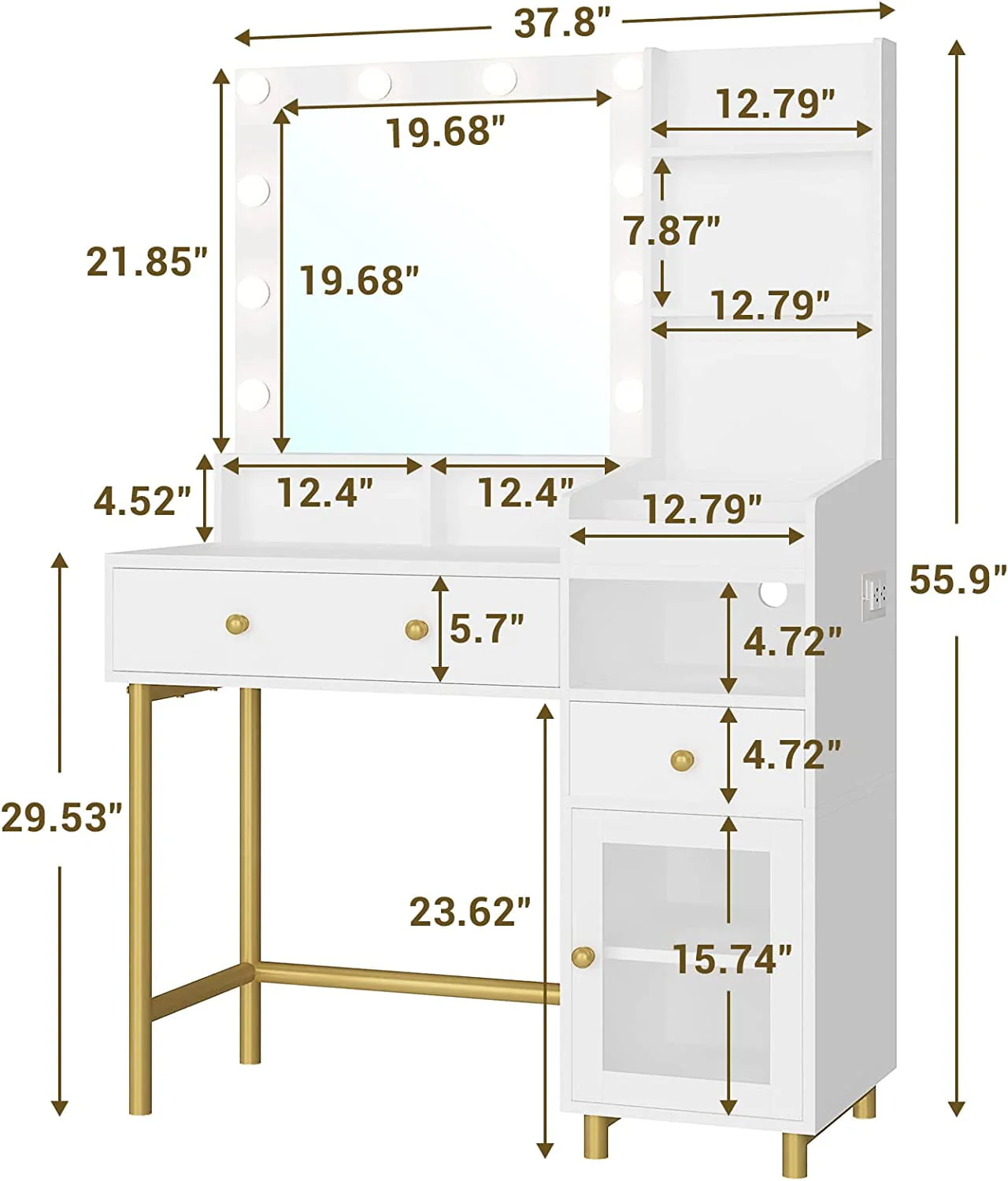 Tiptiper Vanity Desk with Mirror and Lights in 3 Colors, White Vanity Table with Charging Station, Makeup Desk with Unique Separation Design