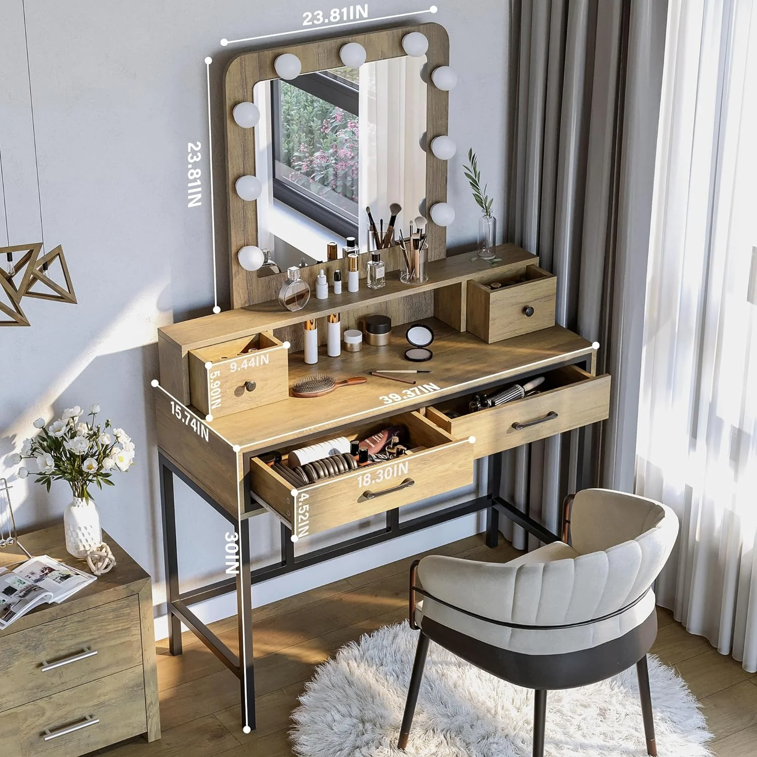 Heynemo Makeup Vanity with 3 Color Dimmable Lighted Hollywood Mirror, Vanity Table with 4 Drawers for Women Girls, Dressing Desk for Bedroom, Beauty Room, Brown