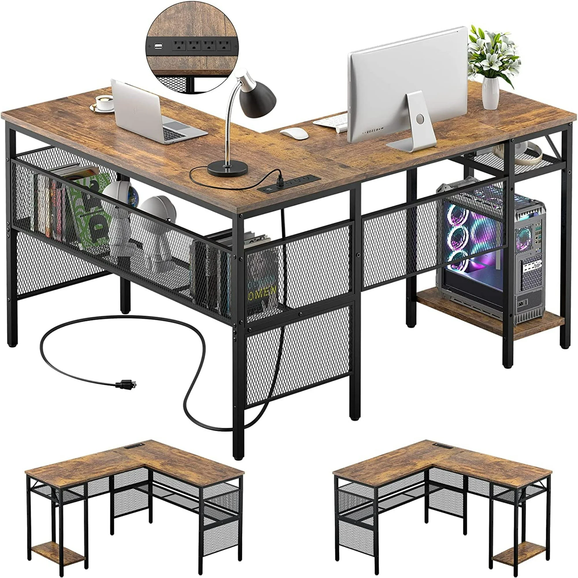 Homieasy L Shaped Desk with Power Outlet and USB Charging Port, Reversible Computer Desk with Storage Shelves, Industrial 2 Person Long Corner Desk Modern Office Desk Writing Desk, Black Oak
