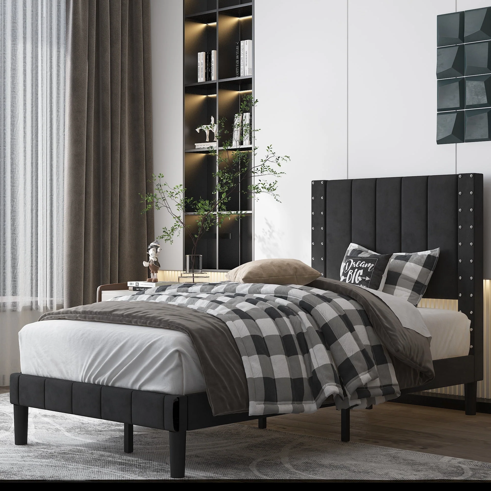 BTMWAY Twin Size Bed Frame, Upholstered Fabric Platform Bed with Riveted Decorative Headboard, No Box Spring Needed, Twin Bed Frame for Kids Teens Adults, 500lbs Capacity, Easy Assembly, Black
