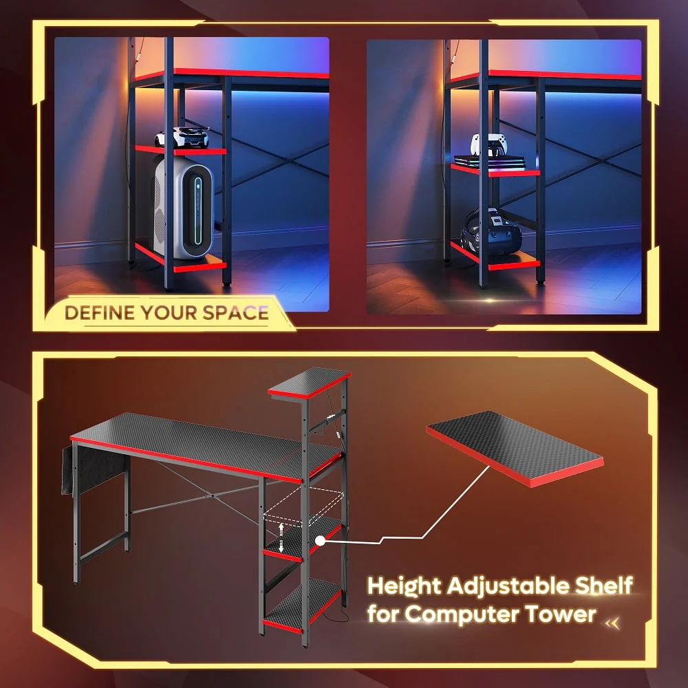 Bestier 52 inch Gaming Computer Desk with LED Lights & Shelves Carbon Fiber, Reversible desk