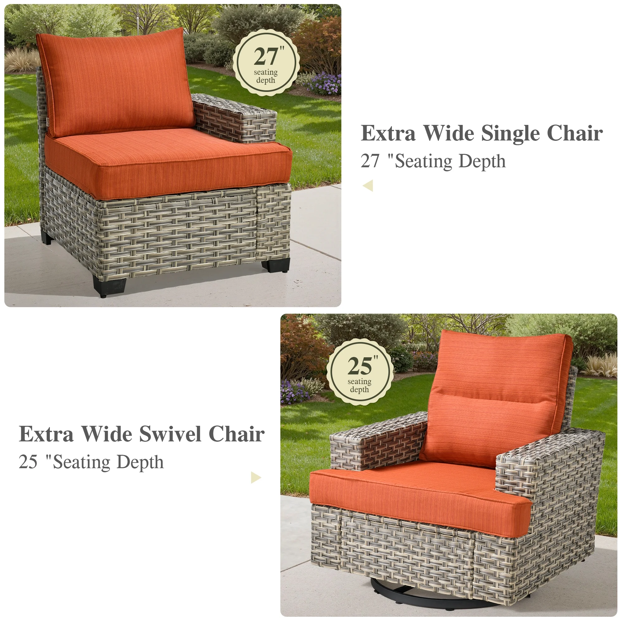Ovios 10 Pieces Outdoor Patio Furniture Modern High-Back All-Weather Wicker Sectional Conversation Set with Propane Fire Pit Table & Swivel Chair, Dark Gray
