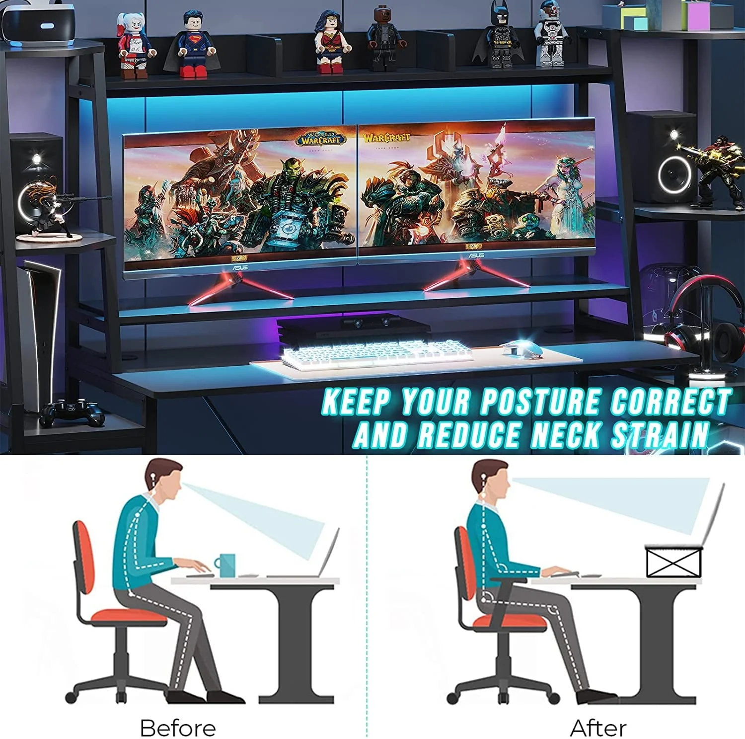 78.8 Inches Gaming Desk with LED Lights, Hutch and Storage Shelves, Ergonomic Computer Desk, Black