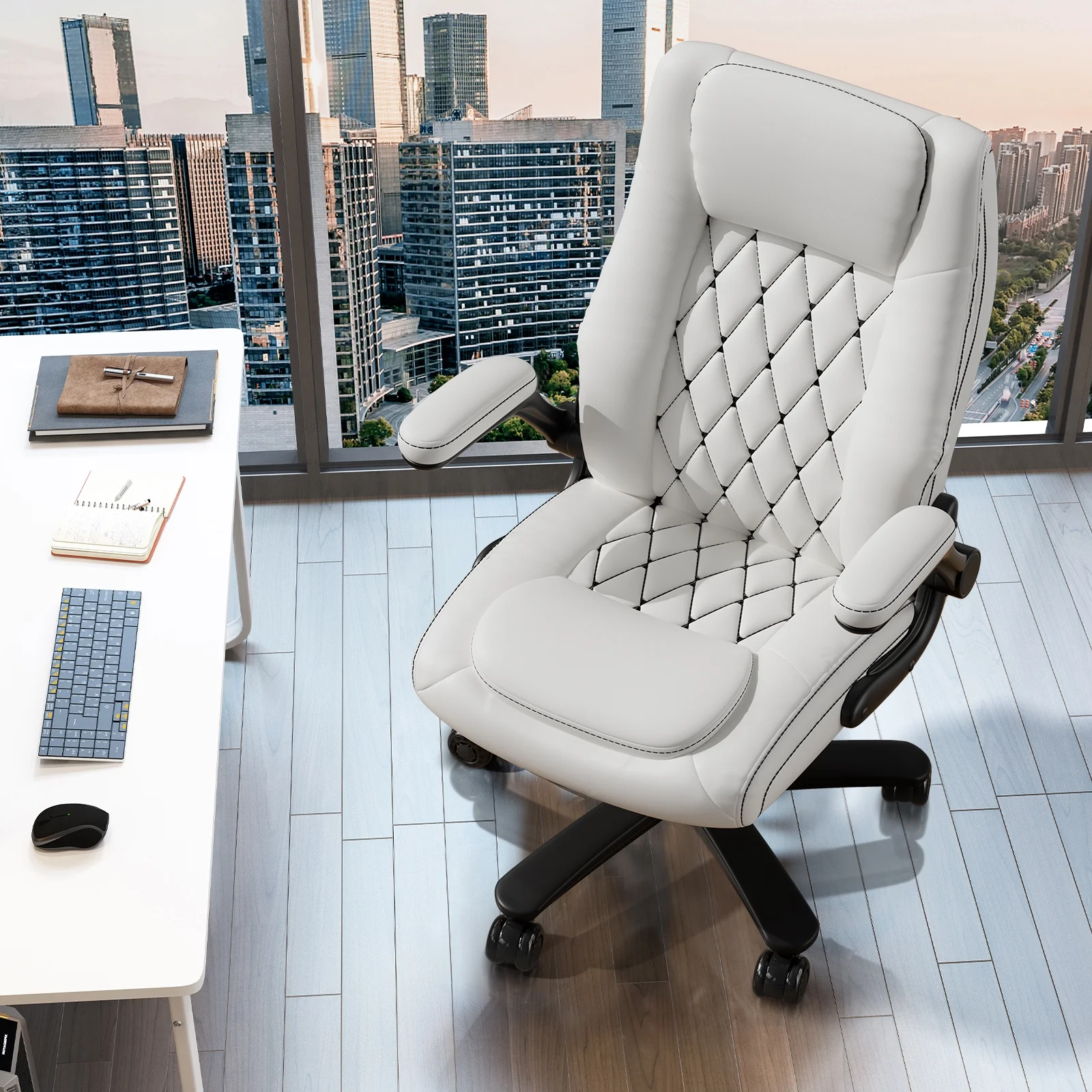Solfway Big and Tall Office Chair 400LBS, High Back Black Leather Executive Office Chair, Computer Desk Chair with Adjustable Flip-up Arms, Wheels and Lumbar Support