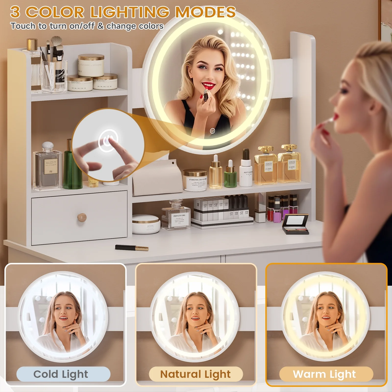 Vanity Desk with LED Lighted Mirror, Makeup Vanity Desk with 3 Drawers & Storage Shelves, 3 Color Modes, Dressing Table for Bedroom, White