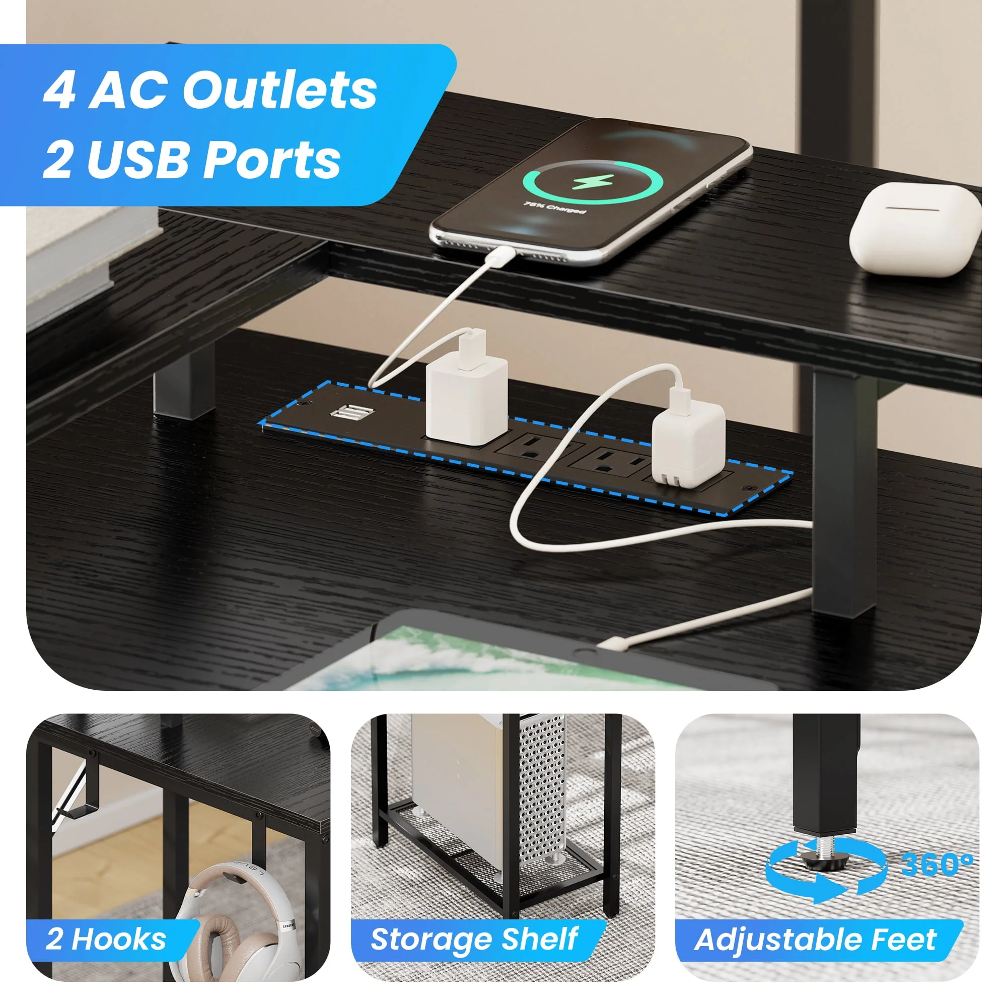 SUPERJARE L Shaped Desk with Outlets & USB Ports, Computer Desk with LED Light Strip, Corner Gaming Desk, L Office Desk, Monitor Stand, Hooks, and Storage Shelves, Black