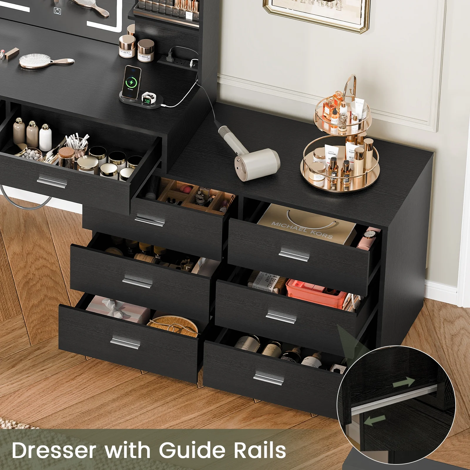 Vanity Makeup Desk with LED Light Mirror & Power Outlet, 8 Drawers, 6 Storage Shelves, 3 Color Modes & Adjustable Brightness Dressing Table, Corner Vanity, L Shape Change, 39.4��Desk, Black