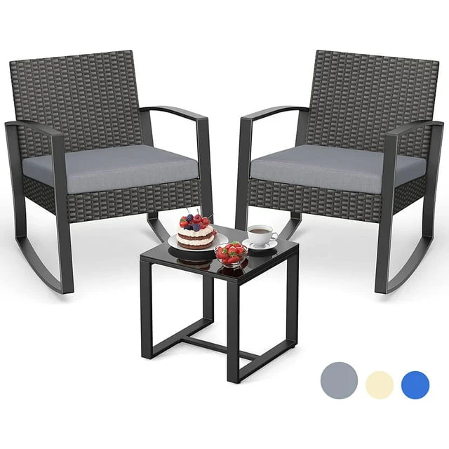Lofka 3-Piece Patio Wicker Chairs Set with a Coffee Table, Balcony Furniture for Yard, Patio, Garden and Bistro, Gray Cushion
