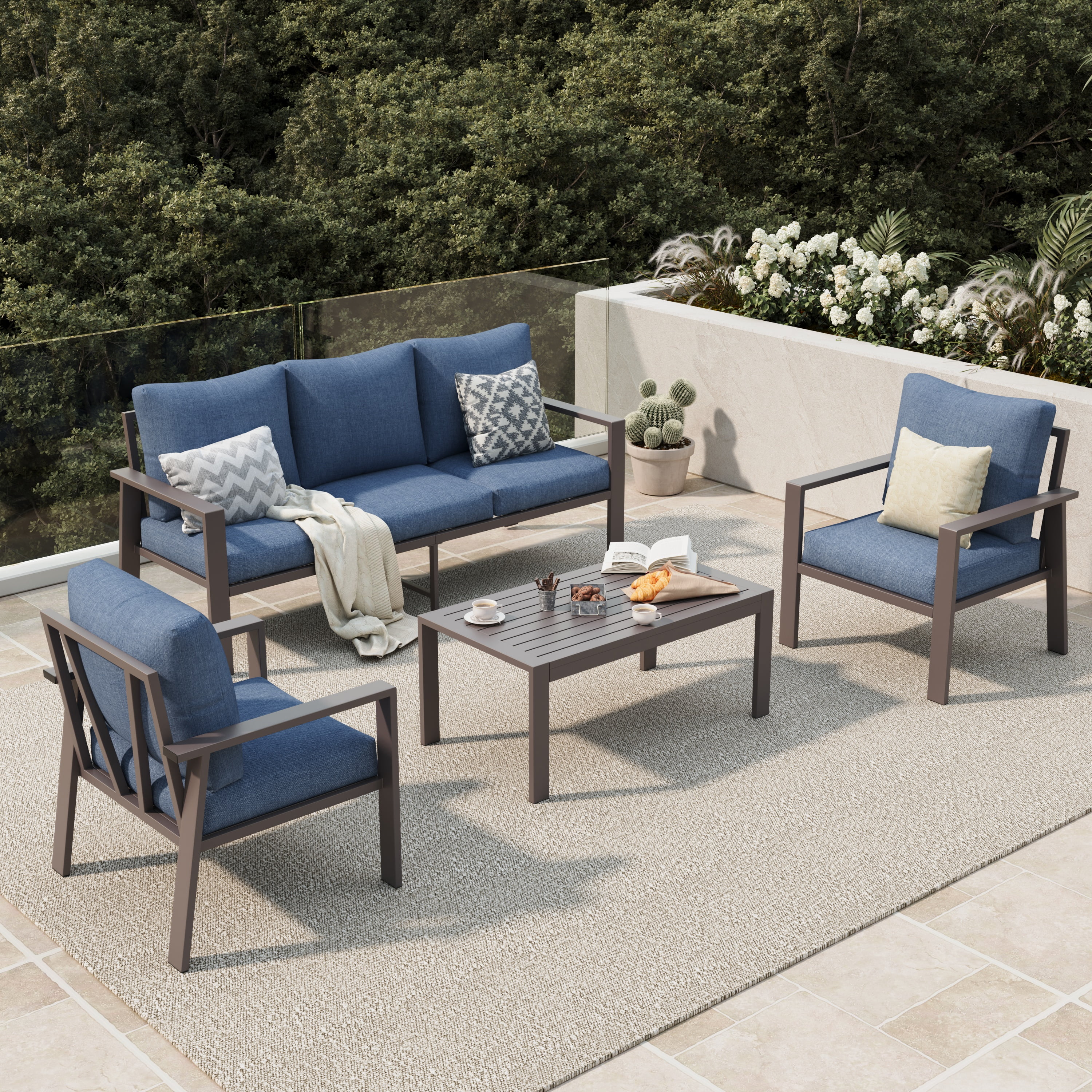POTEBAN Aluminum Patio Furniture Set, Modern Metal Outdoor Sectional Sofa, Patio Conversation Sets with Side Table for Poolside, courtyard,Blue