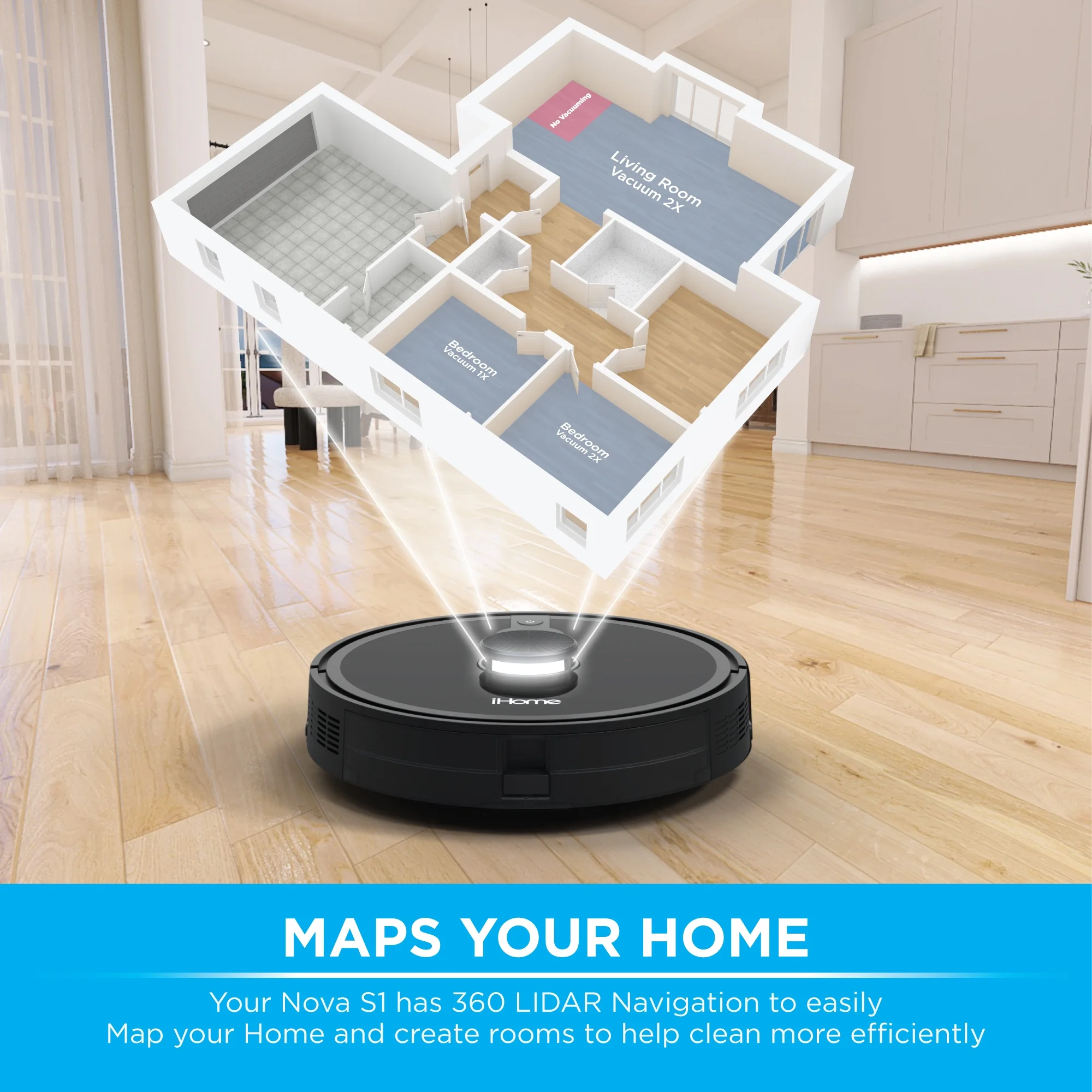 iHome AutoVac Nova S1 Robot Vacuum with LIDAR Navigation, 150 Min Runtime, 2700pa Suction, New