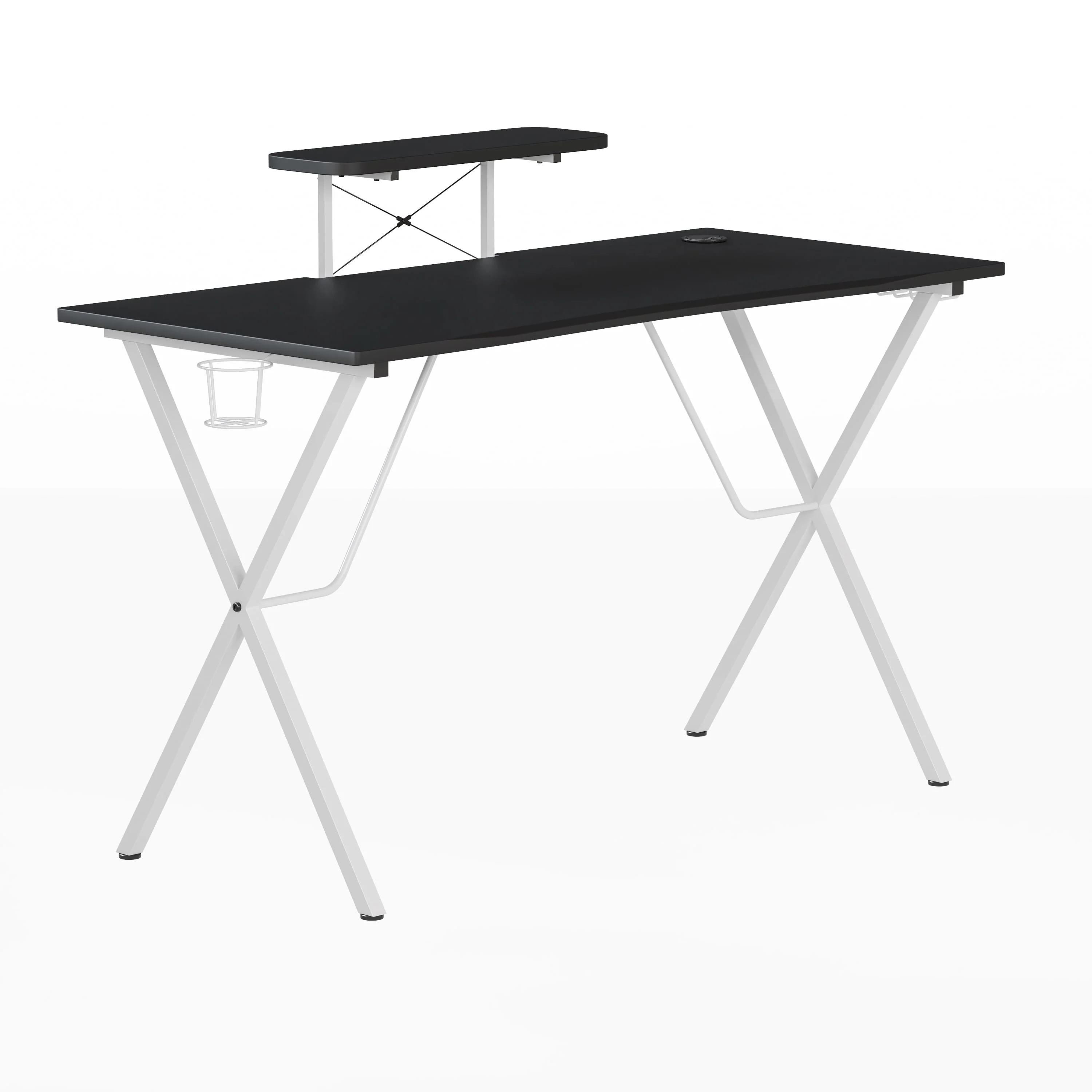 Emma + Oliver Black Gaming Desk and White Frame with Cup Holder, Headphone Hook, and Monitor/Smartphone Stand