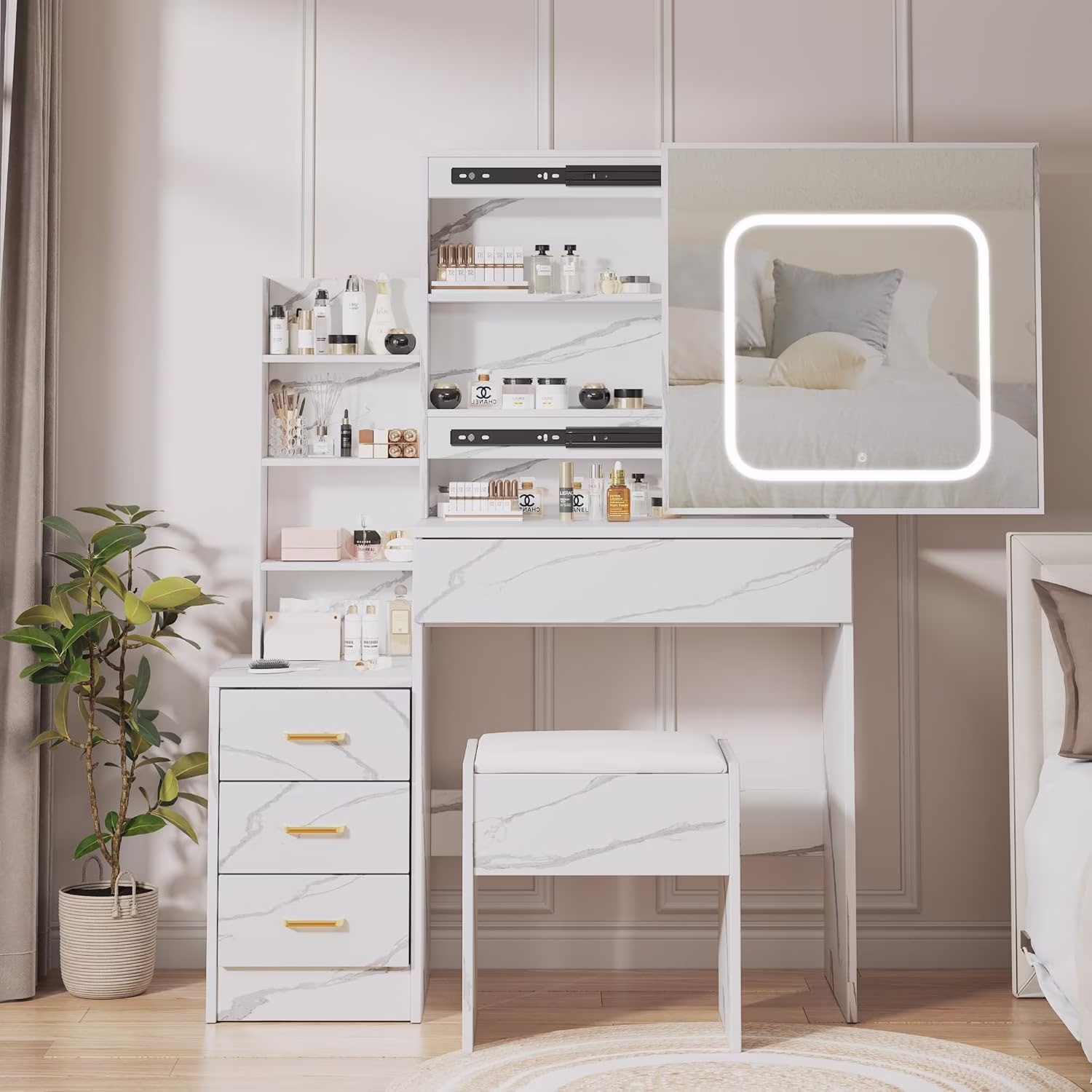 Vanity Desk with Sliding Mirror and Lights, Makeup Vanity Set with Power Outlet, 4 Drawers, Stool, Open Shelves, 3 Color Lighting Modes, Brightness Adjustable, Makeup Dressing Table for Bedroom