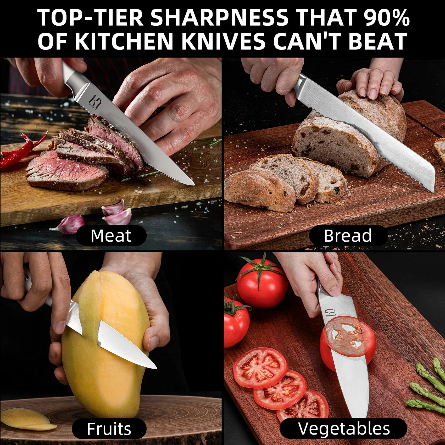 Knife Set 15 Pcs Japanese High Carbon Stainless Steel Kitchen Knife Sets with Block and Sharpener, Premium Razor Sharp Black Knives Block Set for Kitchen with Ergonomic Full-tang Handle