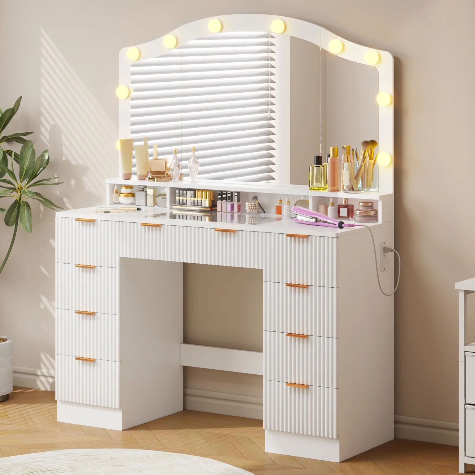 Tomnk White Vanity with Lights Mirrors, Makeup Vanity Desk with Drawers and Chair, Power Outlet