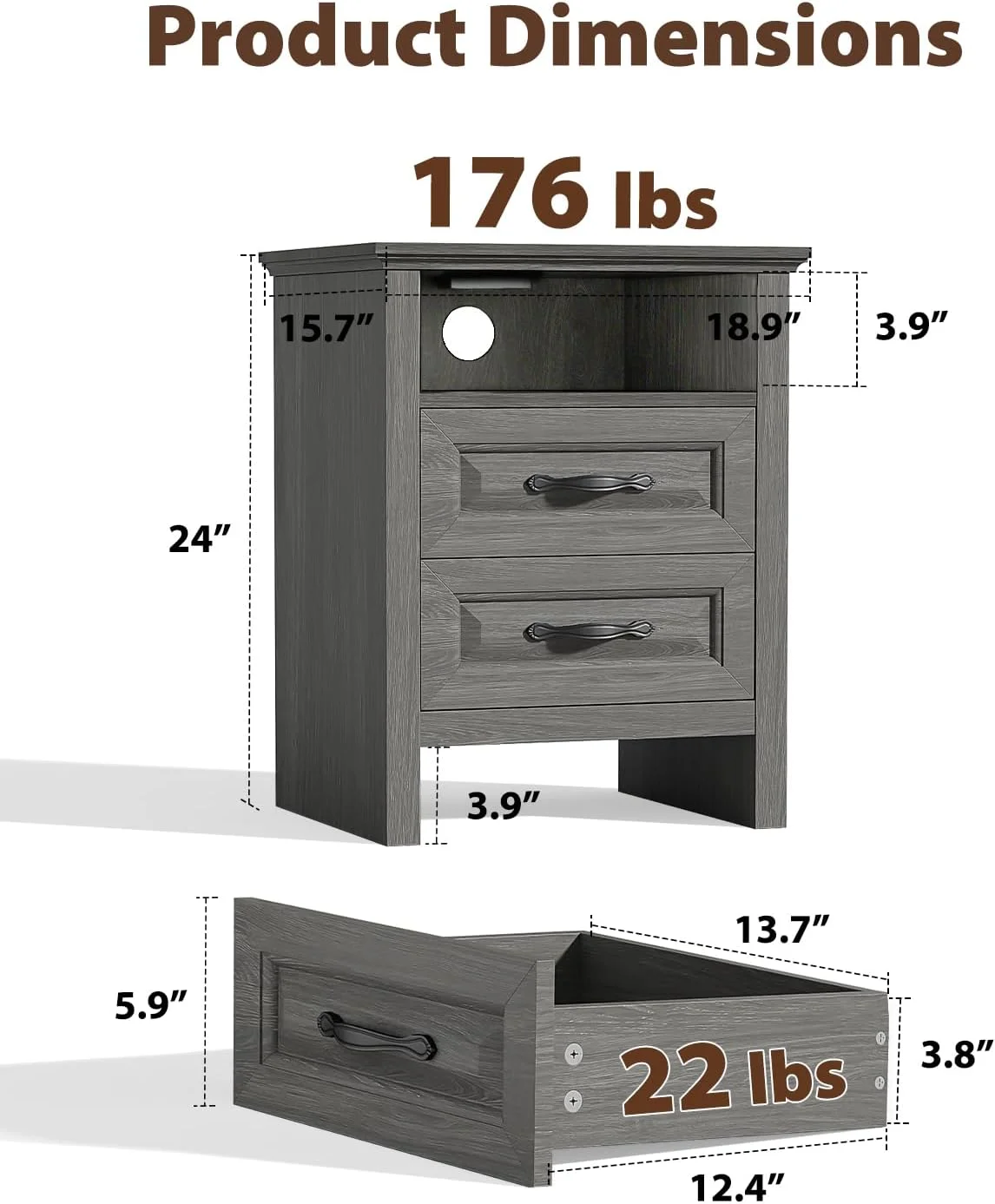Amada Farmhouse Nightstand with Charging Station, 18.9 Inch Wide Bedside Table with 2 Drawers, USB A Port, USB C Port, 2 AC Outlets, Rustic Farmhouse End Table for Bedroom, Gray