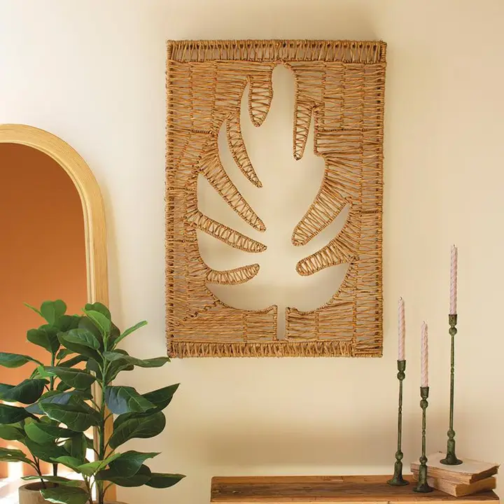 Woven Seagrass and Iron Leaf Wall Panel