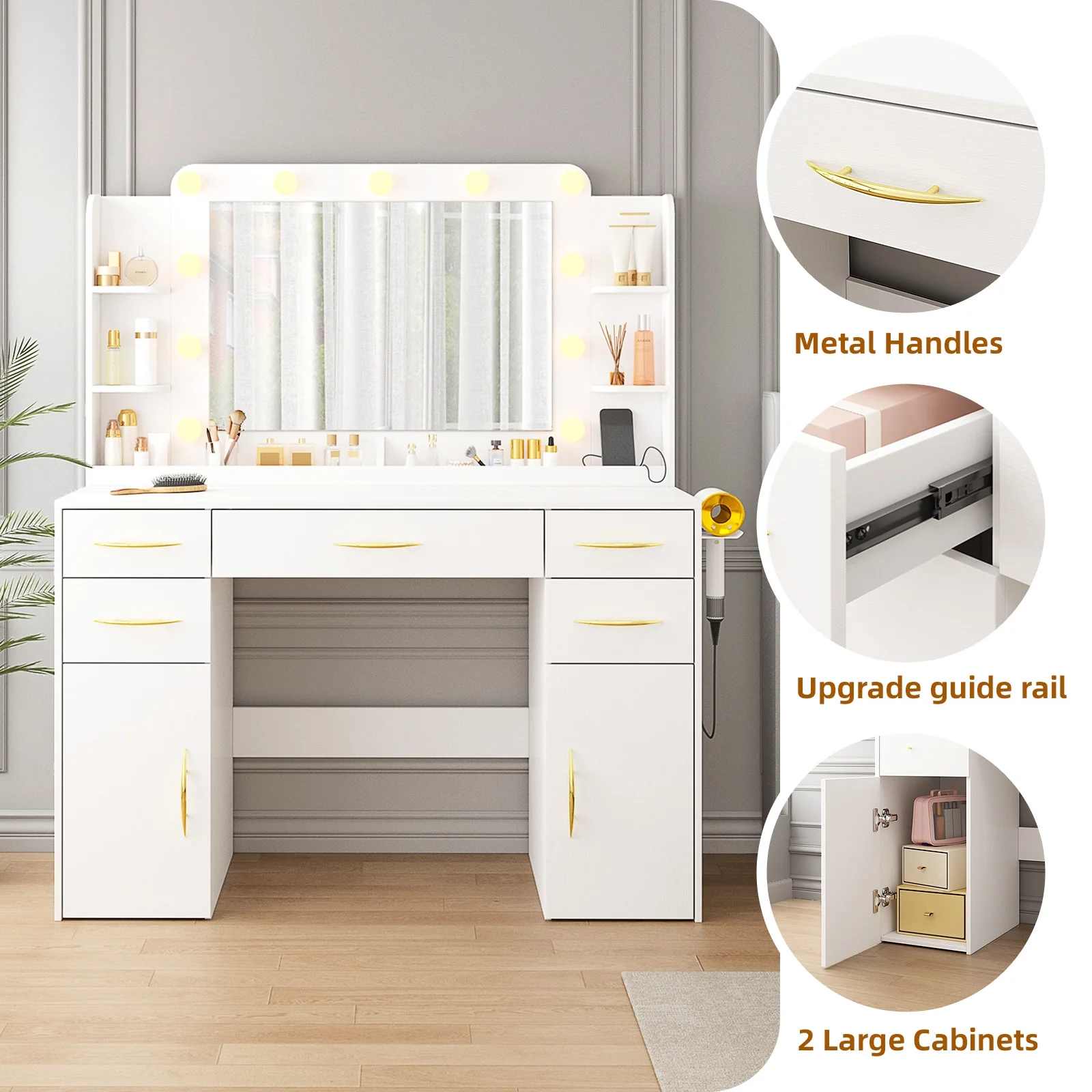Tomnk woo White Makeup Vanity Desk with Large Mirror, Adjustable Lights, Storage Drawers & Power Outlets