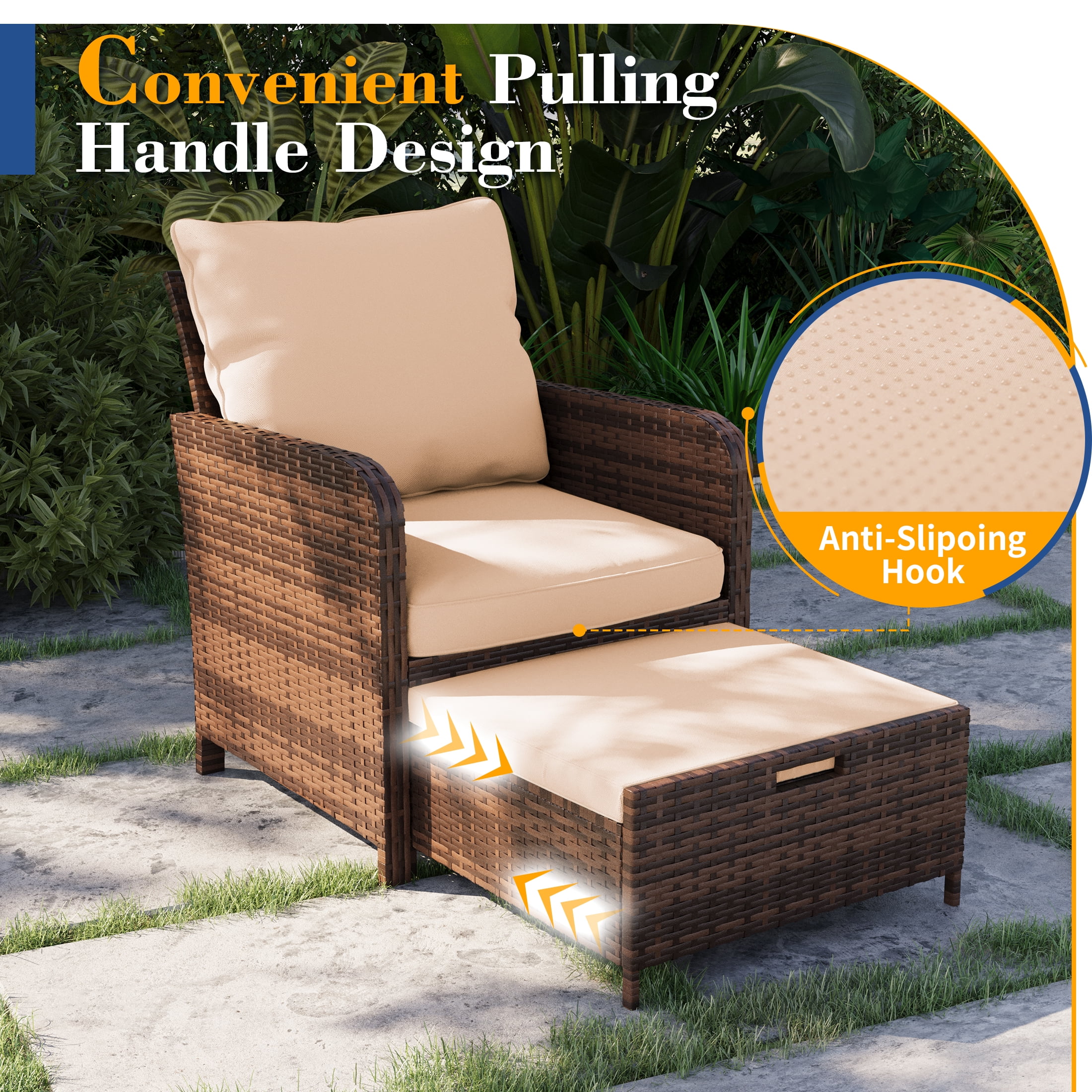 Poteban Balcony Furniture 5 Piece Patio Furniture Set, Outdoor Patio Chair with Ottoman for Front Porch Deck, Wicker Lounge Chair with Side Table, Grey
