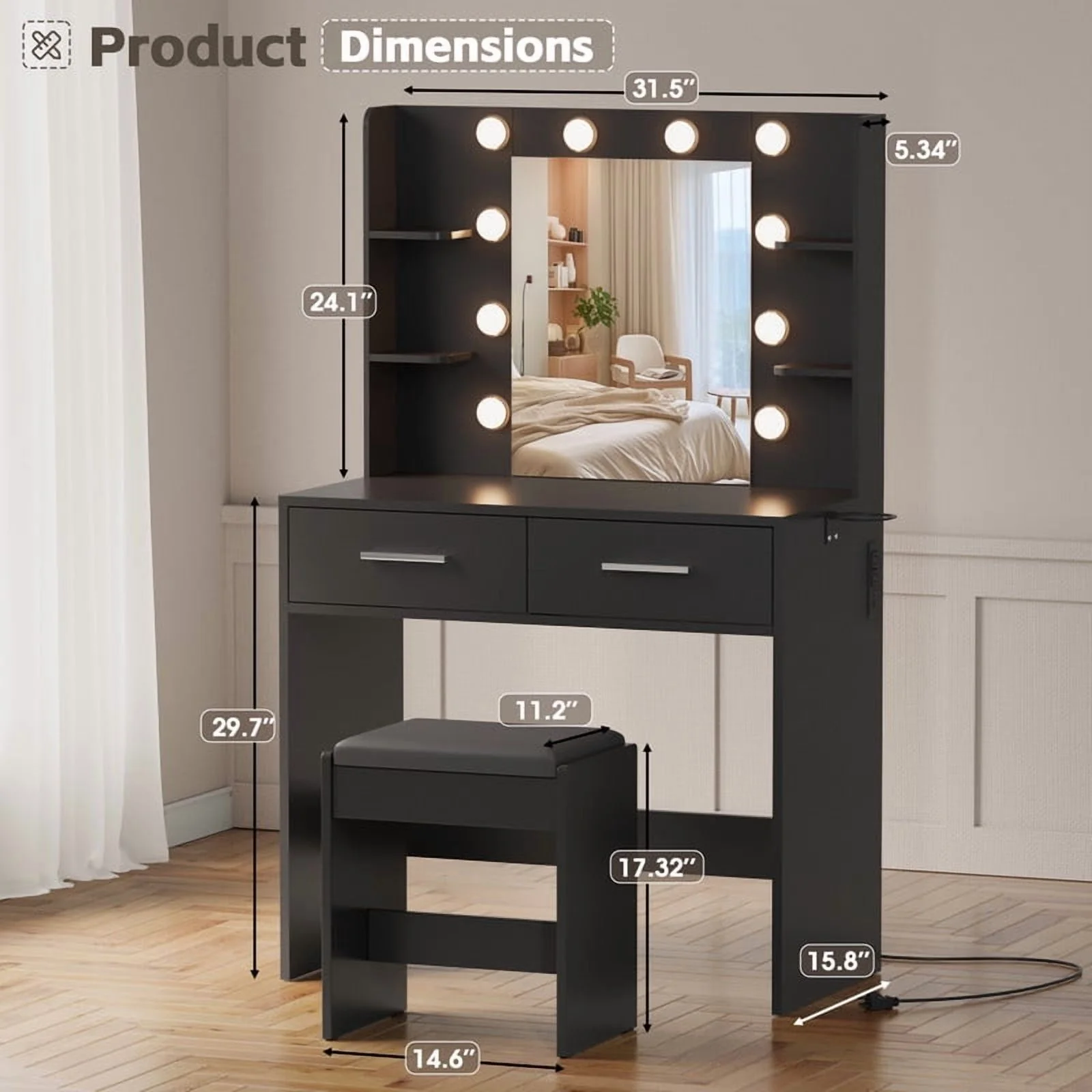 Furmax Makeup Vanity Table and Chair Set with 3 Modes Adjustable Lights and Mirror Vanity Desk with Shelves and Drawer, White