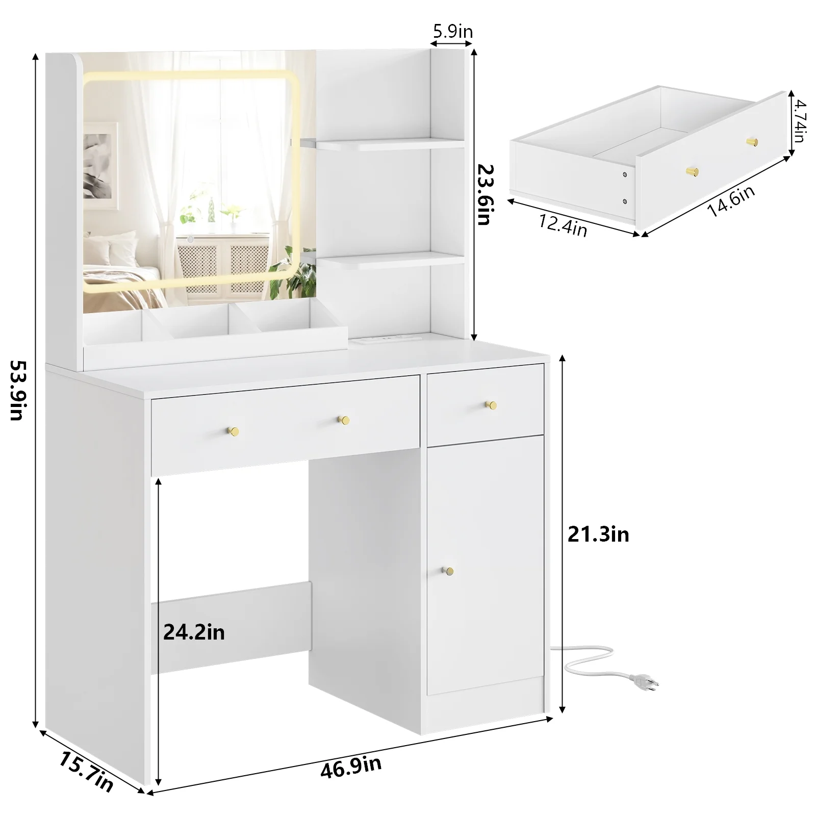 Fenbeli Vanity Set with Mirror and Lights, Makeup Vanity with 3 Drawers, Vanity Desk for Girls, Women, White