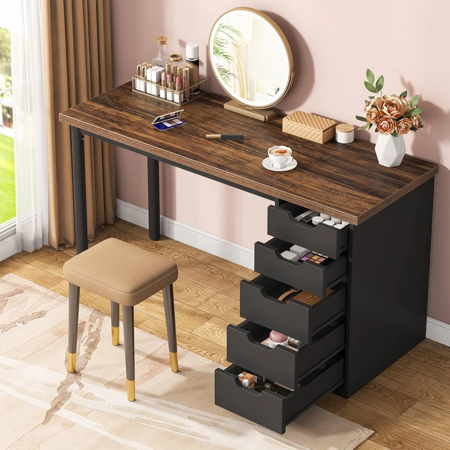 Tribesigns 47 inches Vanity Desk with 5 Drawers, Rustic Makeup Dressing Table with Storage, Modern Simple Computer Desk for Women, Girls (Brown)