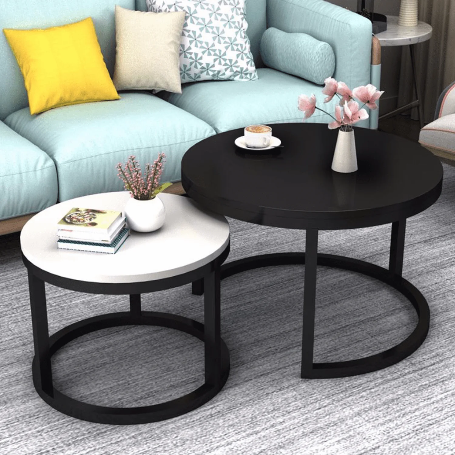 2 Round Tea Table Coffee Table Desk Sets | Black & White - Twin Sets Multi Function Wood & Steel Living Room Home Decor Polished Surface Overlapping Ending Tables Cocktail Table