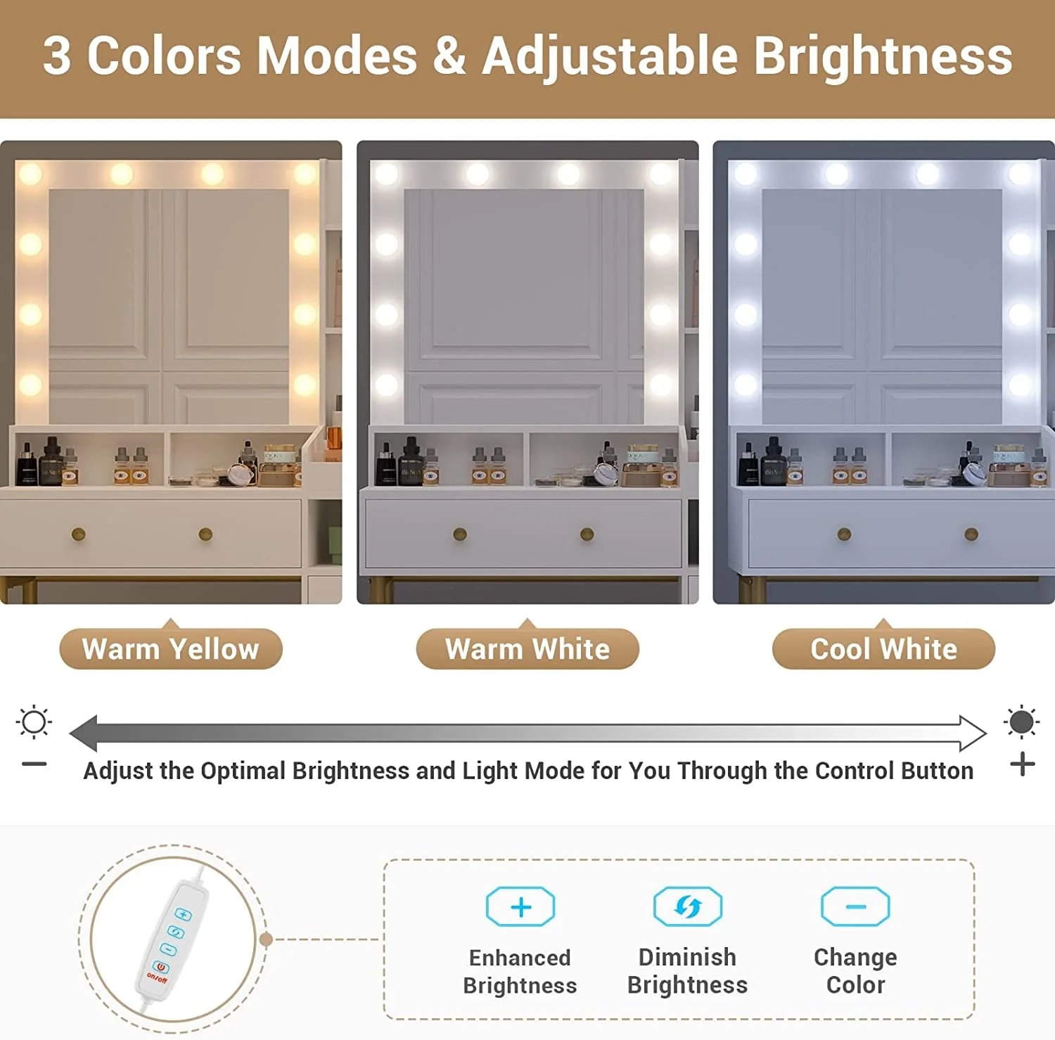 Tiptiper Vanity Desk with Mirror and Lights in 3 Colors, White Vanity Table with Charging Station, Makeup Desk with Unique Separation Design