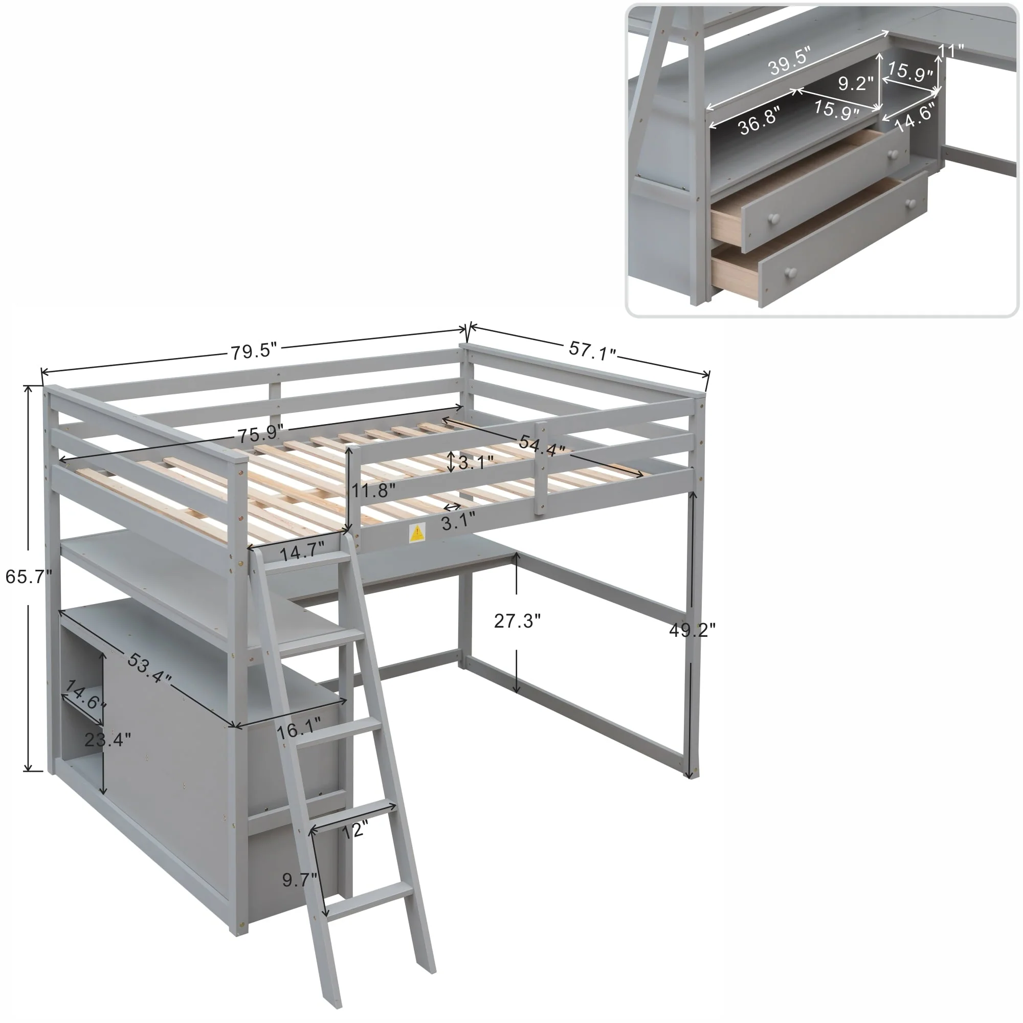 Euroco Full Size Wood Loft Bed with Desk, Shelves and Cabinets for Kids Room, Incline Ladder and 3 Drawers, Gray