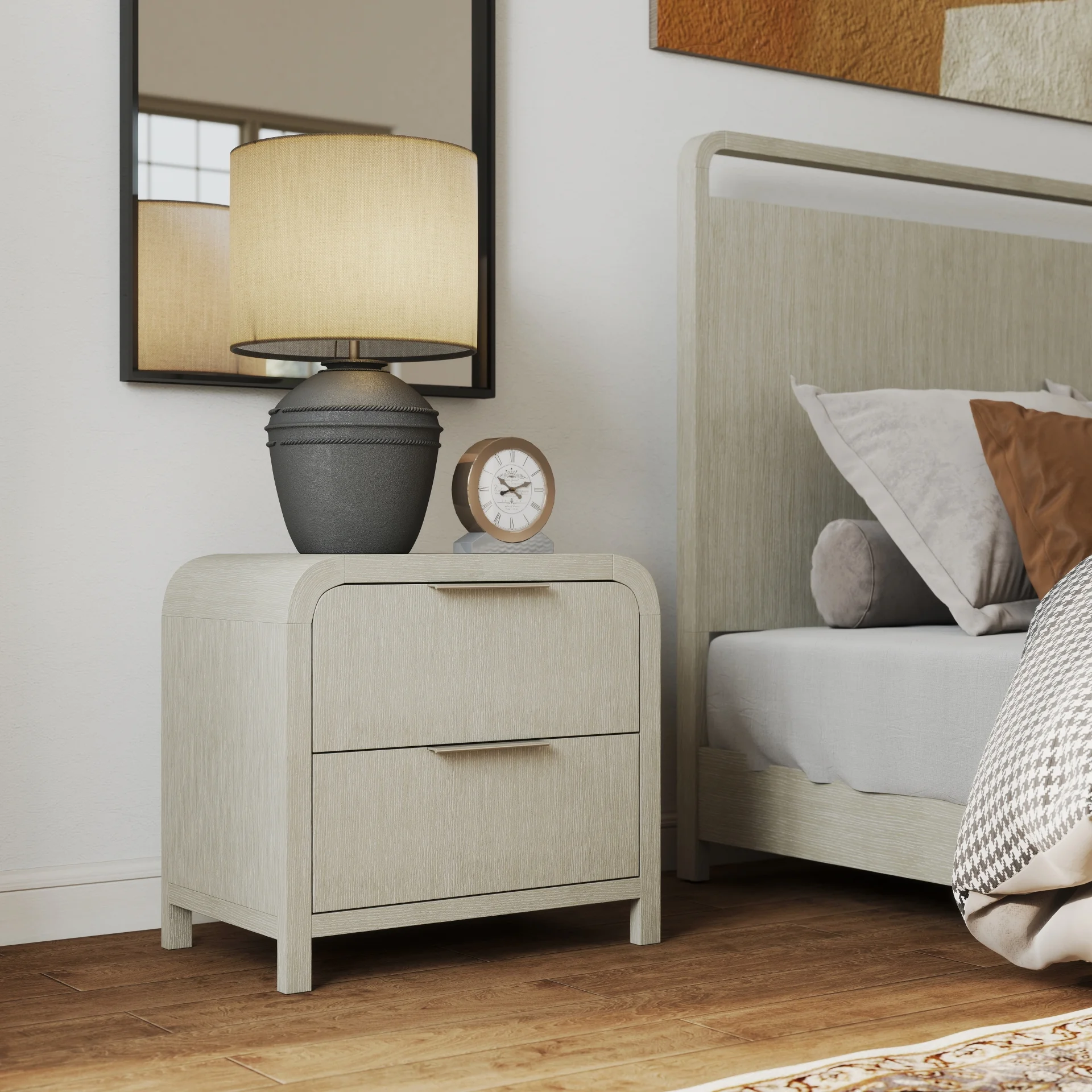Roundhill Furniture Tavari 6-Piece Bedroom Set with Panel Bed, Dresser, Mirror, Two Nightstands, and Chest in Light Gray, King Size