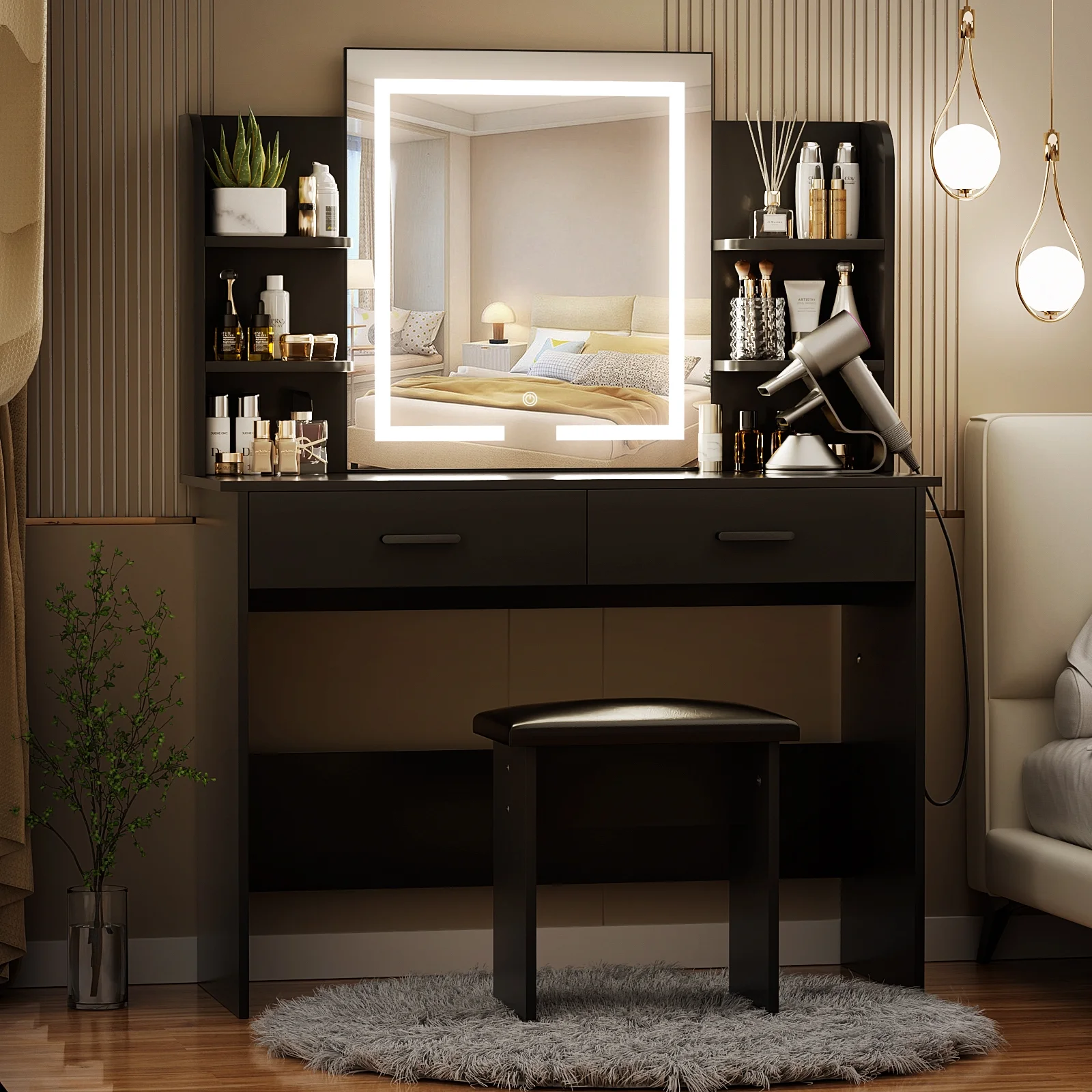 RichYa Modern Makeup Vanity Set with Lights Mirror and Drawers,White Makeup Desk,Dressing Table