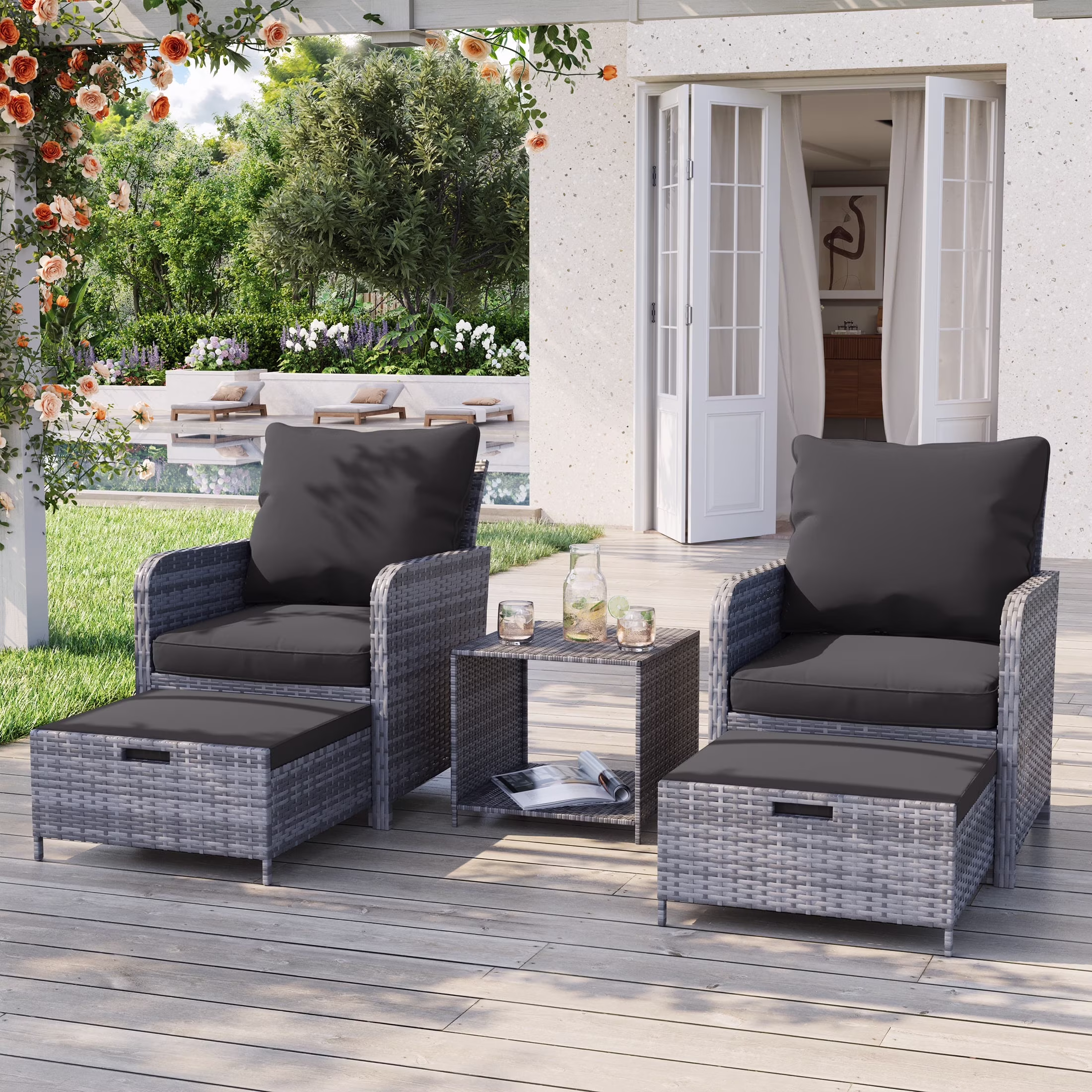 Poteban Balcony Furniture 5 Piece Patio Furniture Set, Outdoor Patio Chair with Ottoman for Front Porch Deck, Wicker Lounge Chair with Side Table, Grey