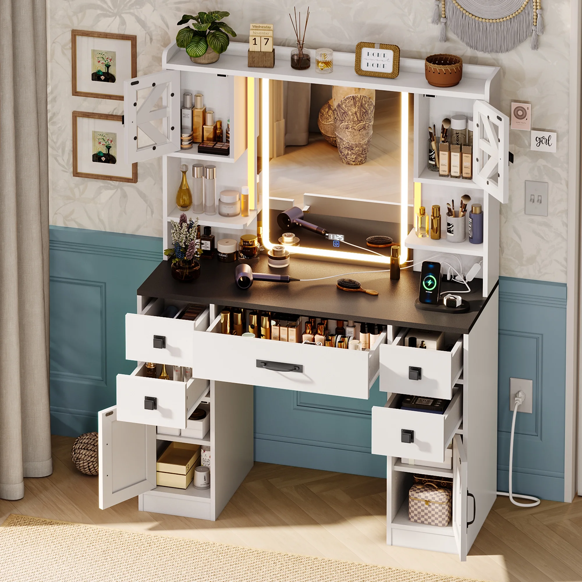 Afuhokles Large Vanity Desk with Lighted Mirror, 5 Drawers Makeup Vanity with Charging Station and Smart Mirror, White