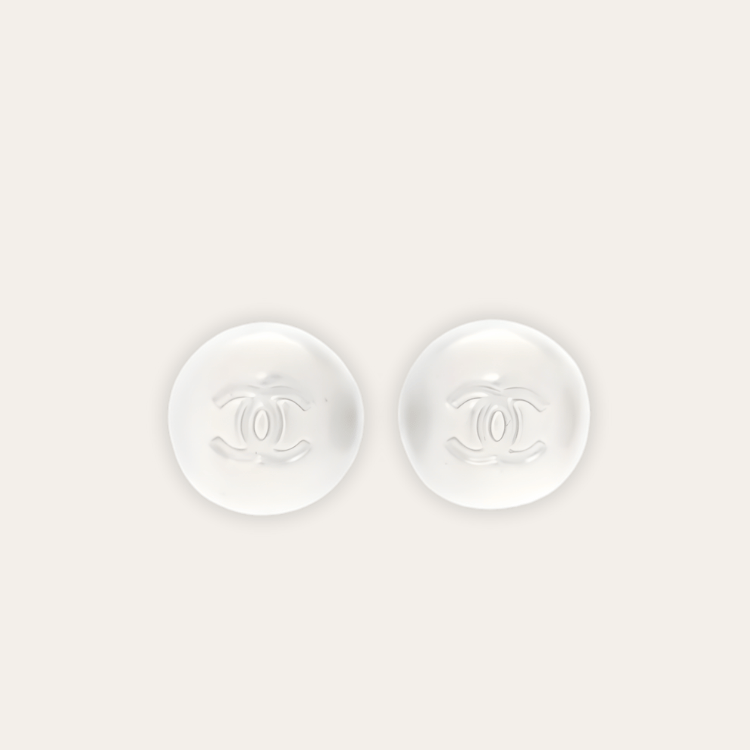 Chanel Cc Logo Round Stud Earrings White Resin/Pearl Silver-Tone