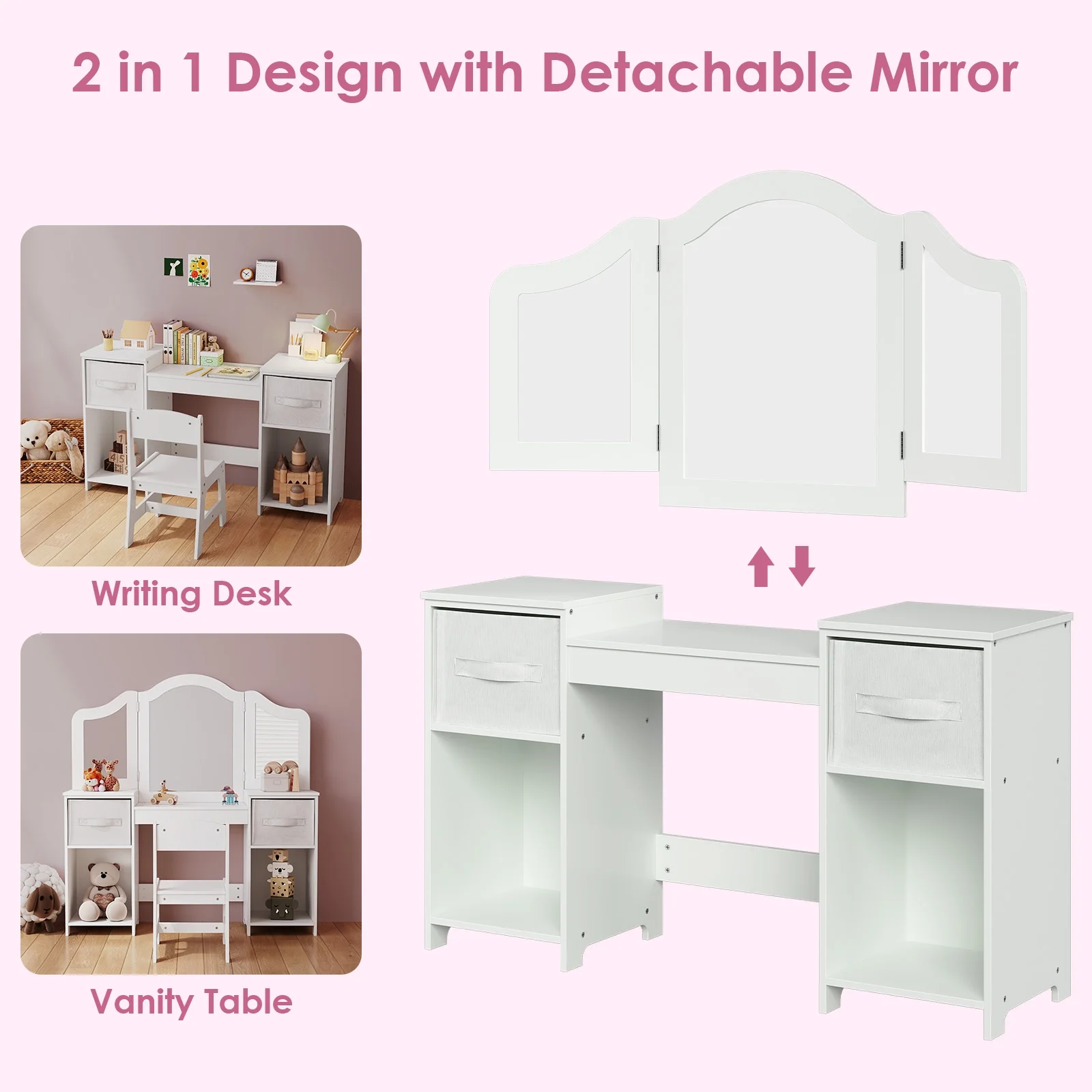 Arlopu Kids Vanity Set with Stool, Wooden Makeup Vanity Desk Children Dressing Table with Chair, Tri-Folding Mirror, Storage Cabinet & Drawers