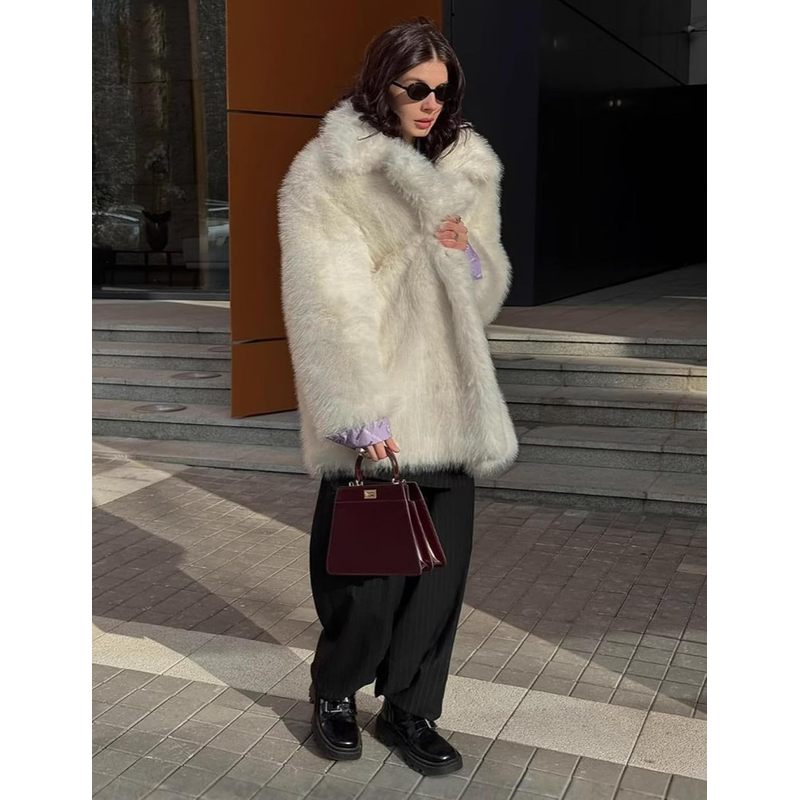 Women's Faux Fur Coat Fluffy Lapel Furry Jacket Long