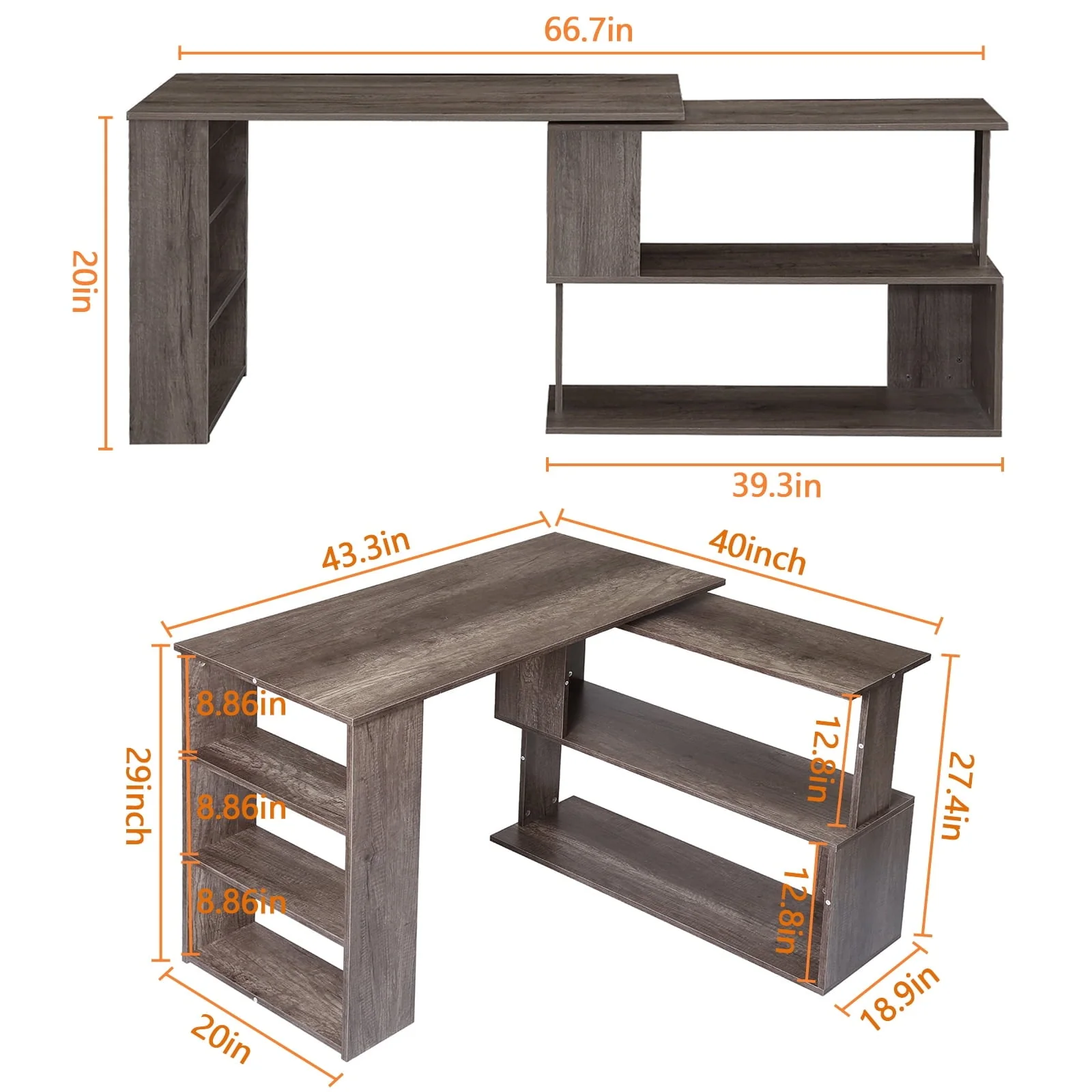 Hoffree 360 Degree Rotating Computer Desk L Shaped Corner Desk with Storage Shelf Office Home Study Workstation