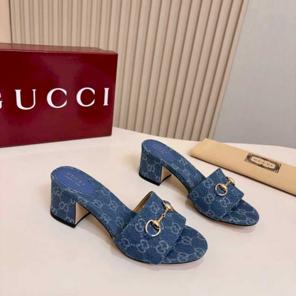 Gucci Women Slide Sandal With Horsebit Blue GG Denim 854882 FAFGT 4746