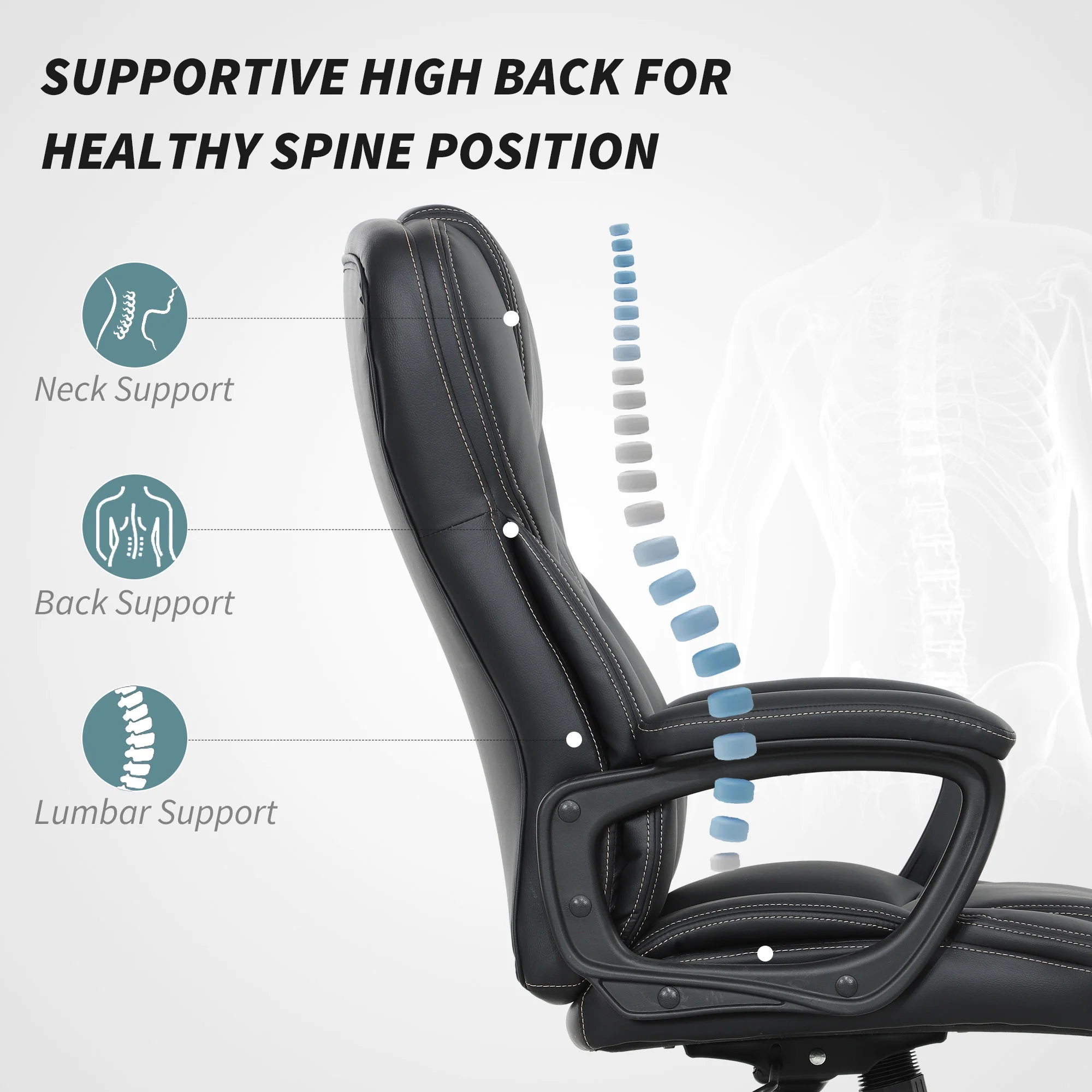 HOMCOM High Back Executive Office Chair, PU Leather Computer Desk Chair with Adjustable Height, Padded Armrests and Swivel Wheels, Black