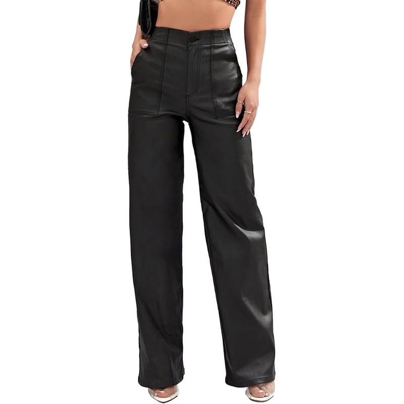 Leather Pants High Waist Coated PU Button Straight