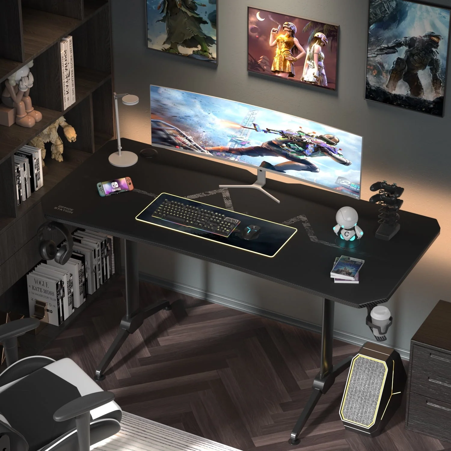 Homall 55 Inch Gaming Desk Y-Shaped PC Computer Gaming Office Desk with Mouse Pad Home Office Study Carbon Fiber Surface Gamer Workstation With Cup Holder and Headphone Hook, Black