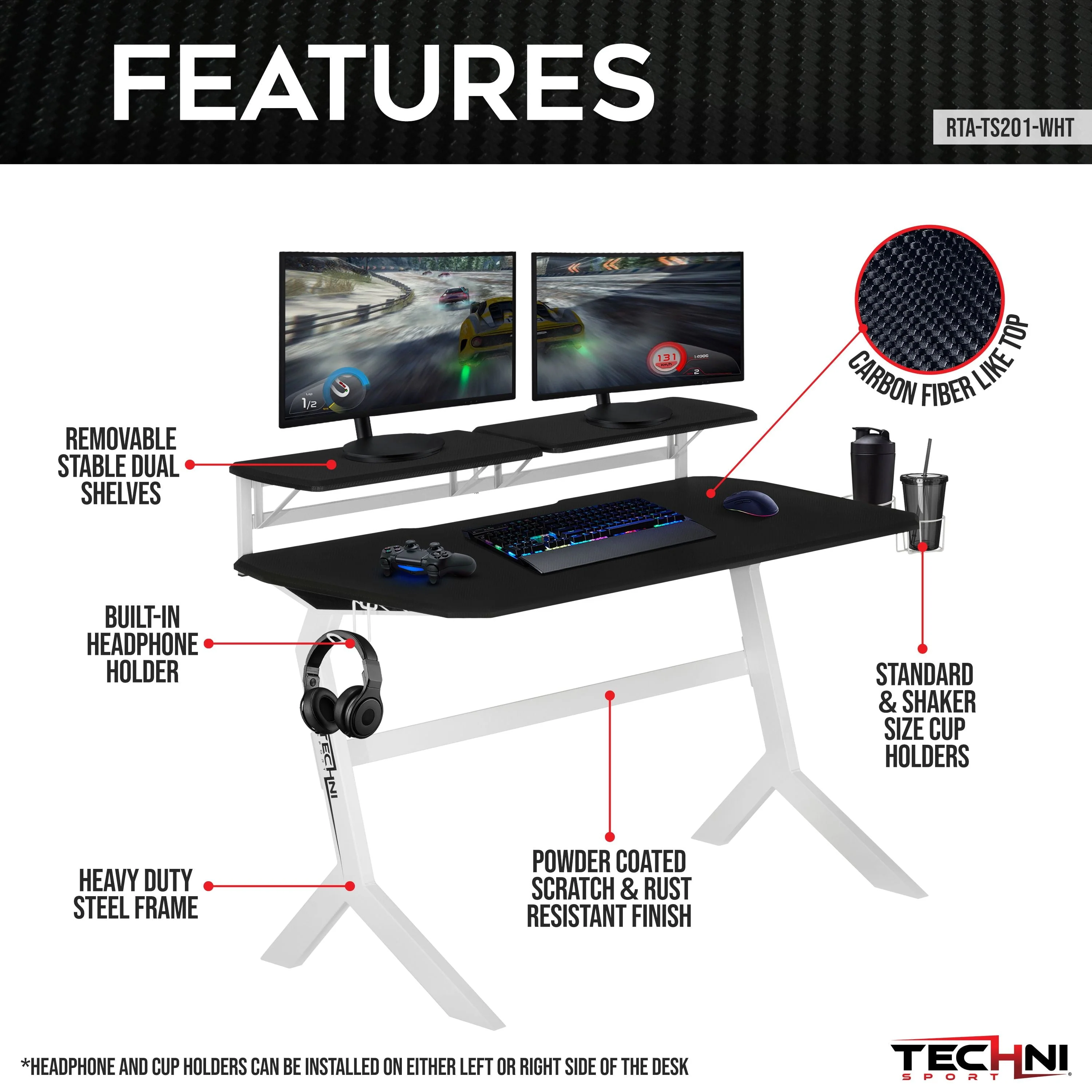 Techni Sport White Stryker Gaming Desk with Headphone Holder and Shelving, White