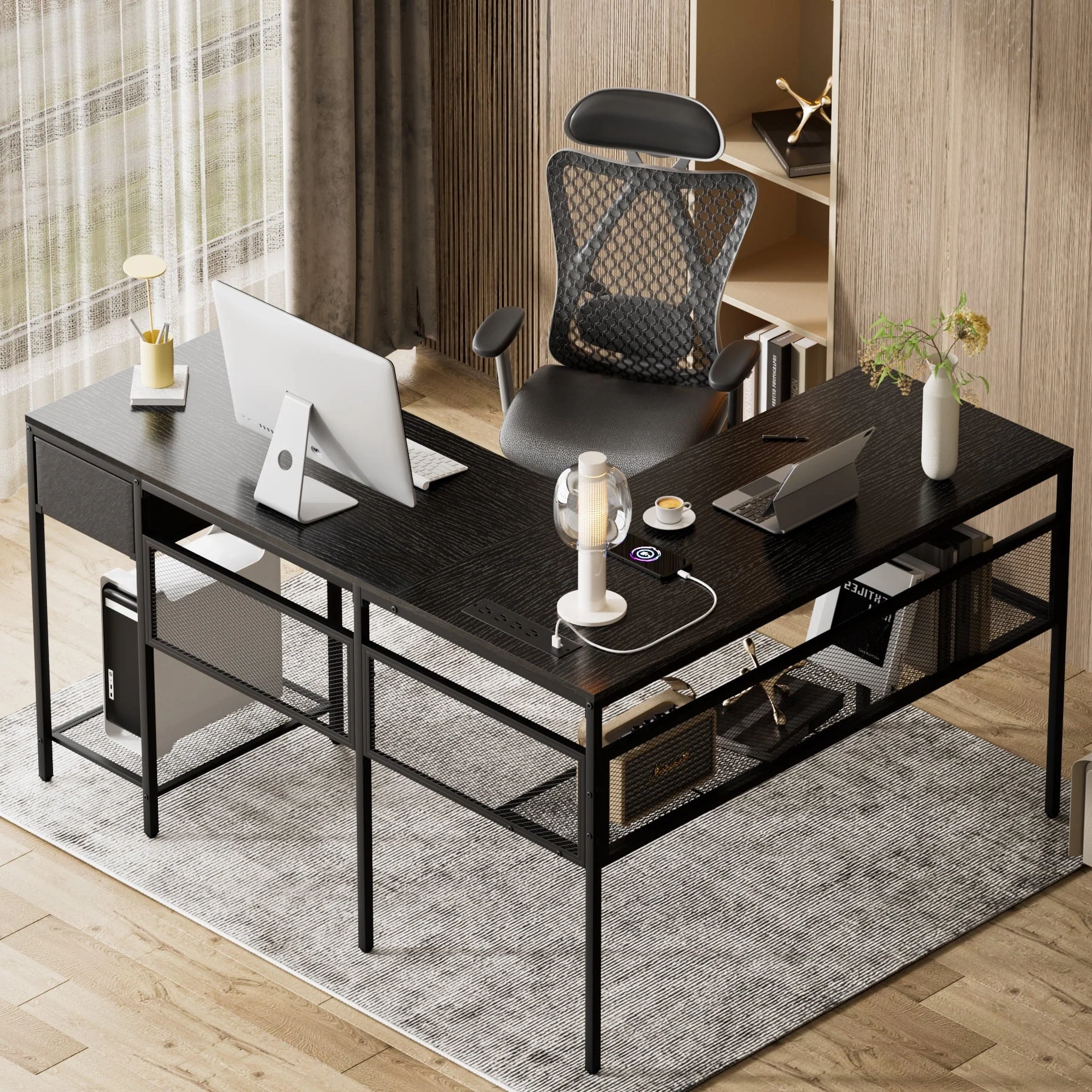 SUPERJARE L Shaped Desk with Power Outlets, Reversible Computer Desk with Storage Shelves & Drawer, Corner Laptops Home Office Desk, Workstation, Black
