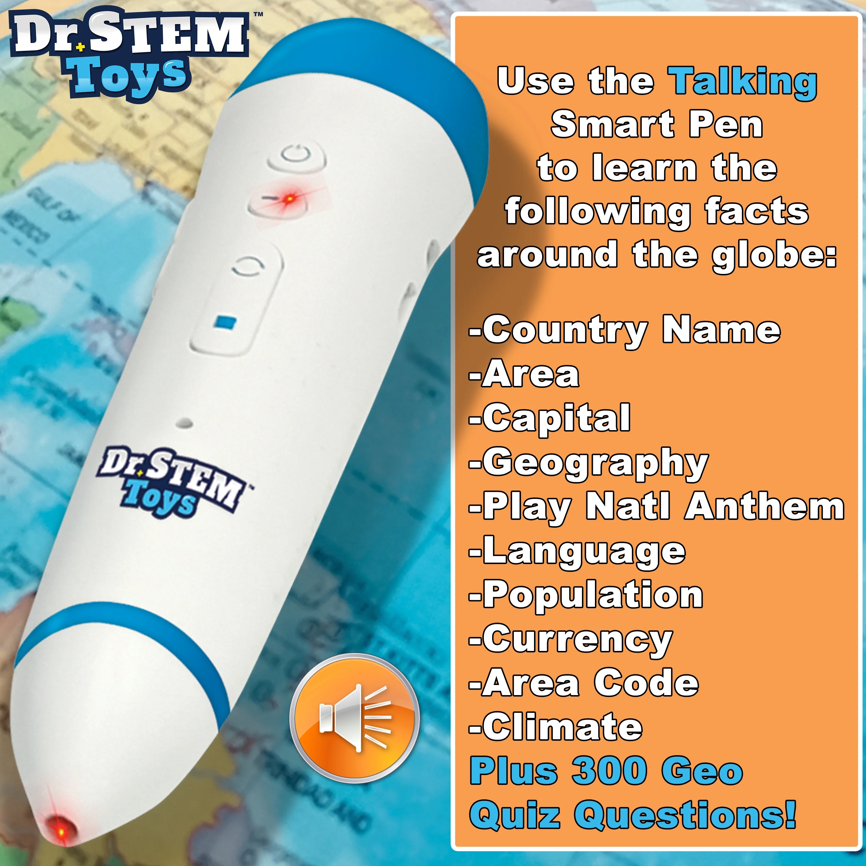 Dr. STEM: Interactive Talking Globe - Touch & Learn, Geographic Education Learning Set, Smart Pen, Electronic Game Panel, 300 Quiz Questions, Kids 6+