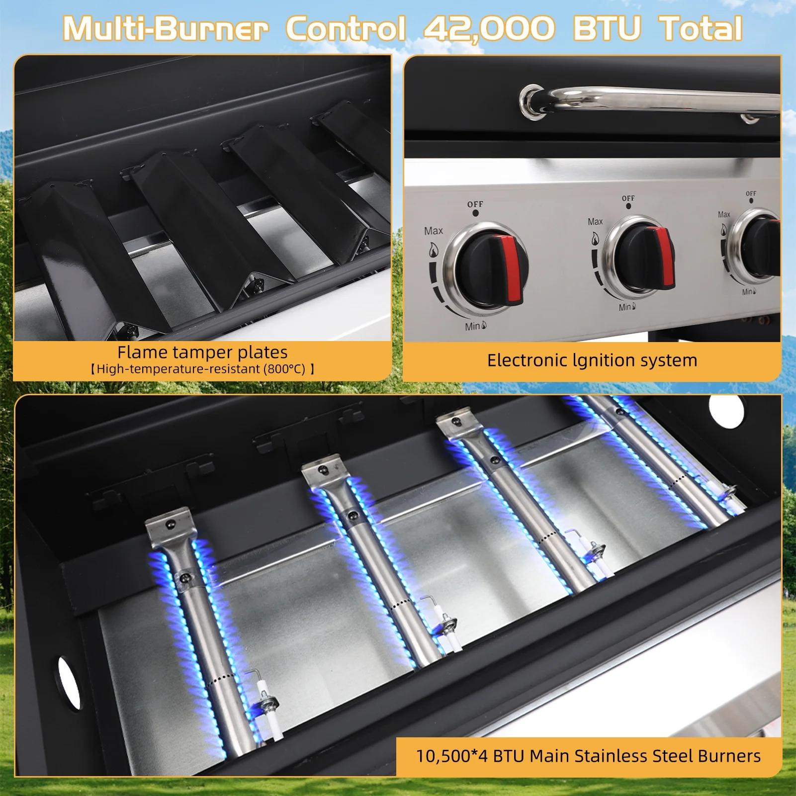 4 Burner Propane Gas Grill, 42,000 BTU Output Outdoor BBQ Grill with Cast Iron Grates and Versatile Mini Grill Pan, Perfect for Outdoor Cooking, Balcony, Backyard, Camping, Barbecue