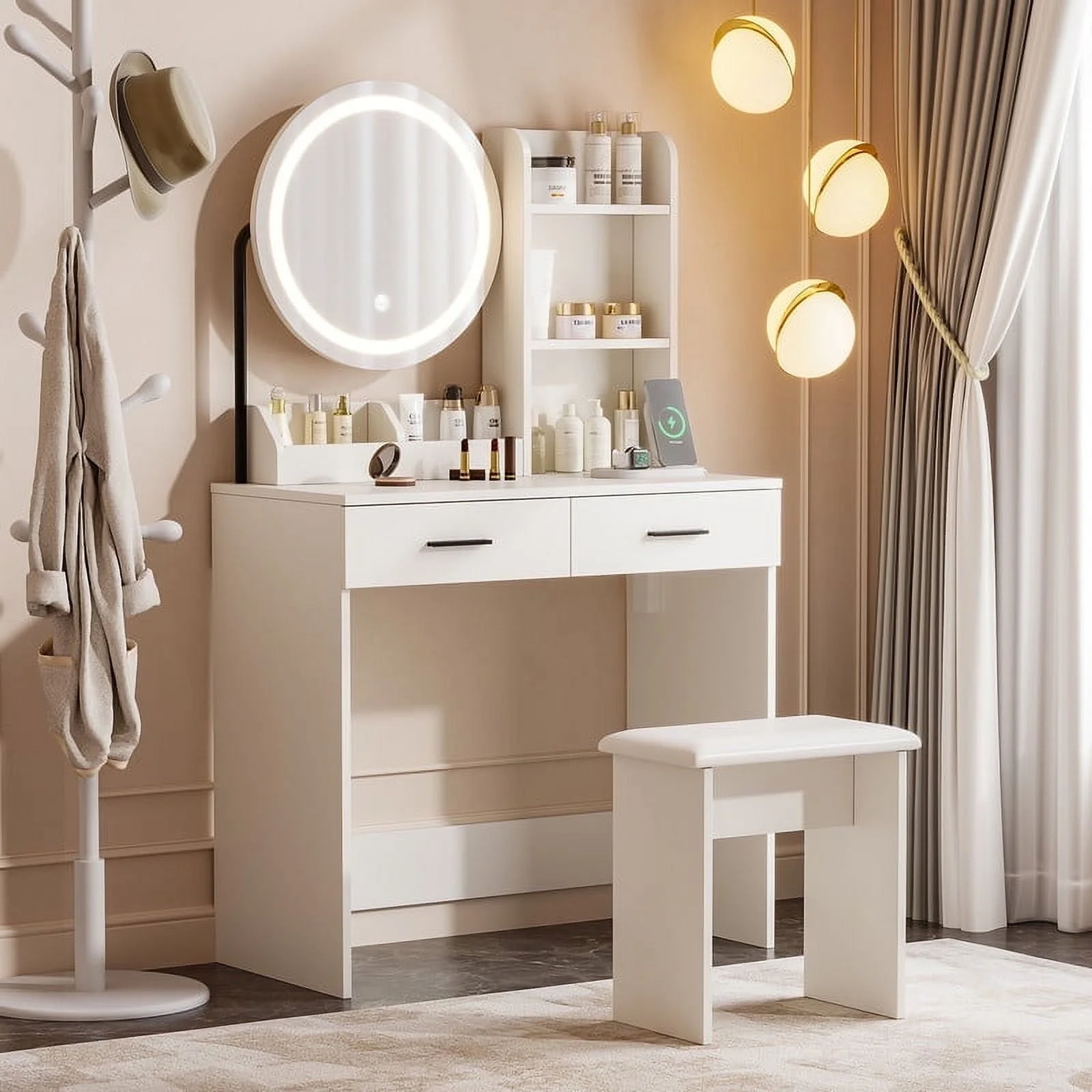 Vanity Desk with Chair, White Makeup Desk Set with Mirror & LED Lights, Vanity Table with Power Strip, 2 Drawers, 4 Shelves
