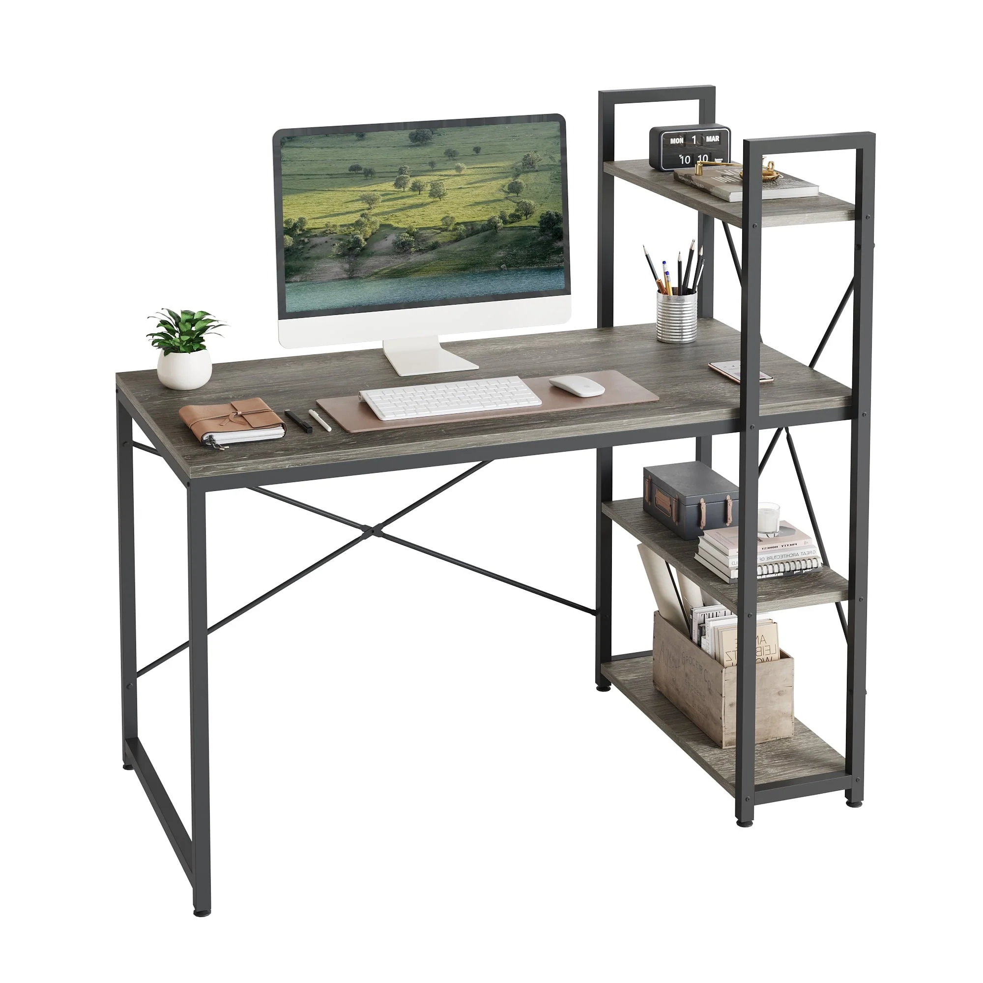 Bestier 47'' Computer Desk with Shelves for Home Office Retro Grey Oak-Dark Finish