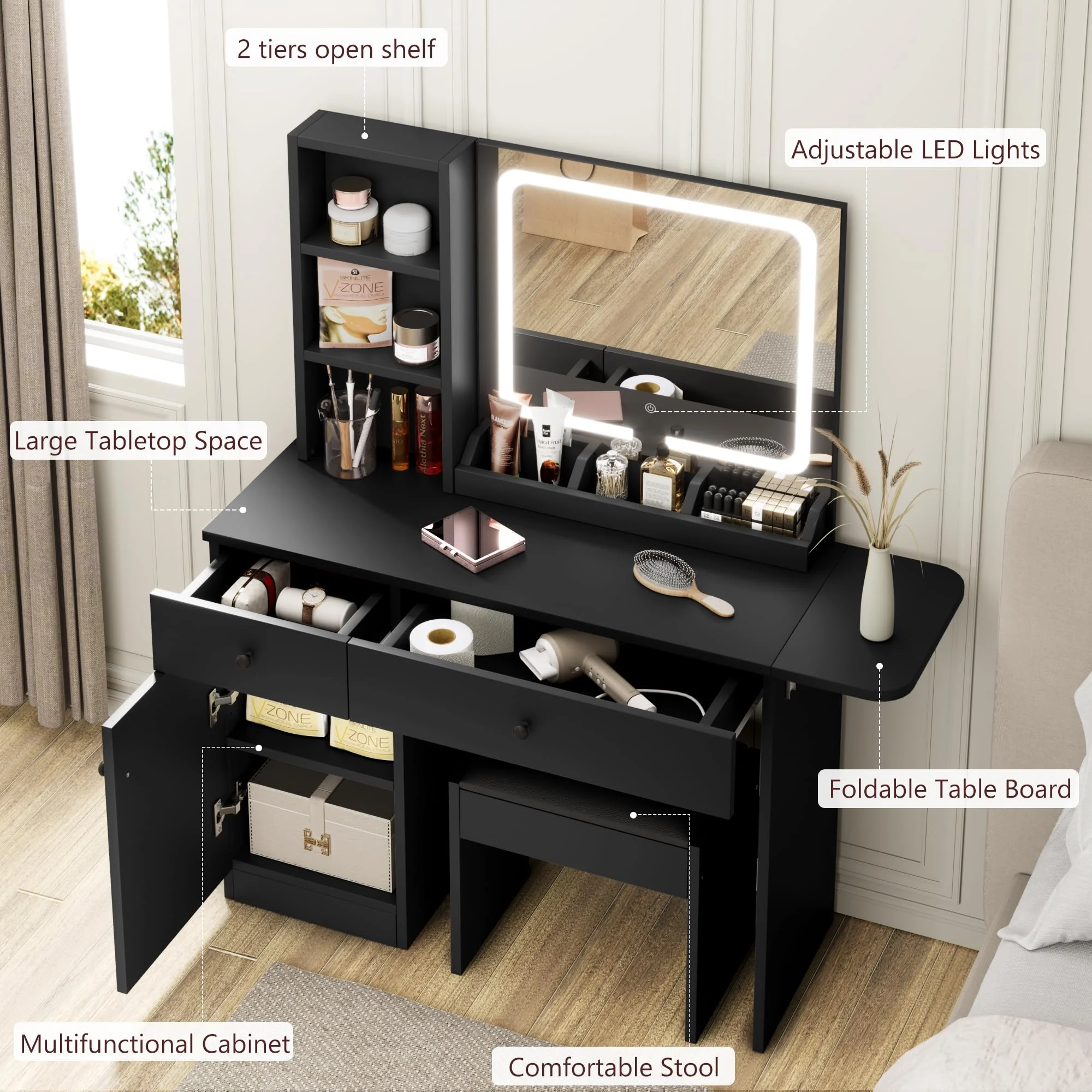 DSstyles Brown/Black/White Vanity Desk with LED Lighted Mirror & Power Outlet, Makeup Vanity with Drawers & Cabinet & Chair, Vanity Table Set for Bedroom