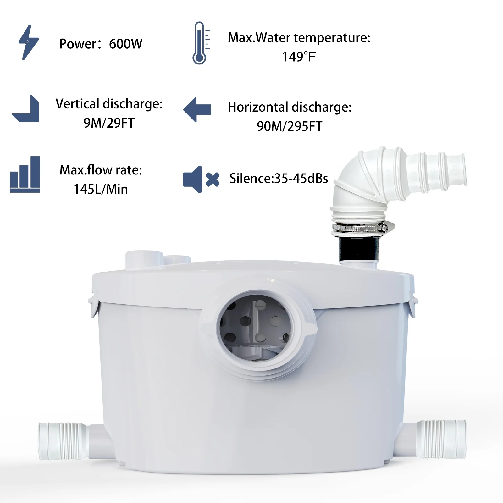 600watt Macerating Toilet with Pump, Upflush Toilet for Basement with 4water Inlets Connect Kitchen Sink Bathroom Included Macerator Pump, Water Tank, Toilet Bowl, Toilet Seat, Extension Pipe