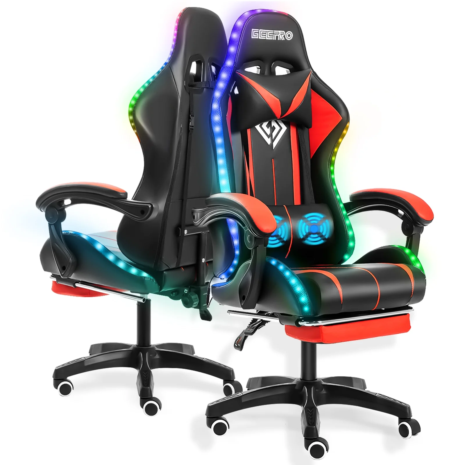 Hoffree Gaming Chair with Massage PU Leather Office Chair with Footrest and LED Light Ergonomic Gamer Chair Lumbar Support Adjustable Headrest High Back Computer Desk Chair for Home Office